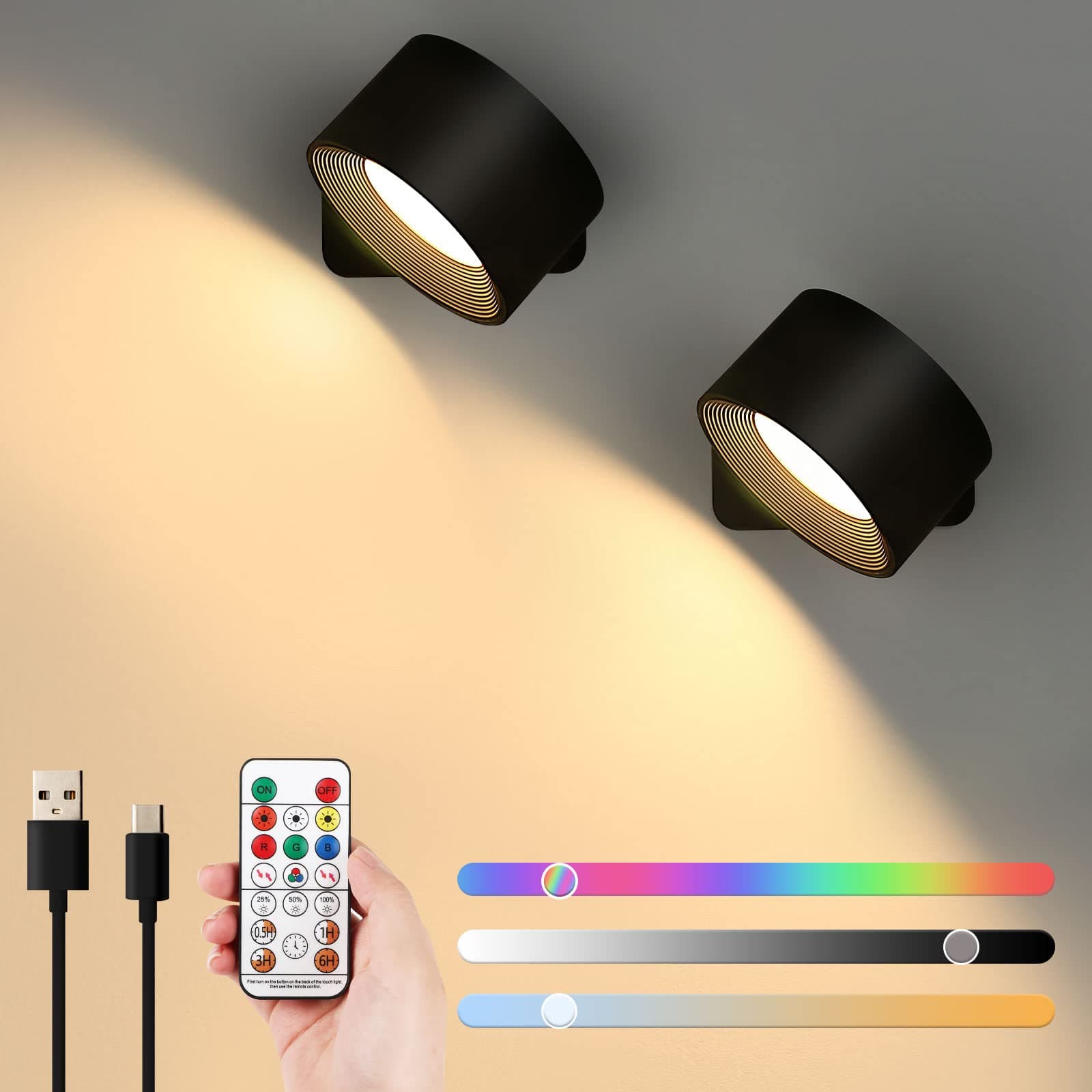 Lightess 2PC LED Wall Sconces, 19 Colors Dimmable Wall Mounted Lamp with 5000mAh Rechargeable Battery, 360°Rotate Magnetic Ball, Touch & Remote Control, Cordless Wall Light for Reading Bedside