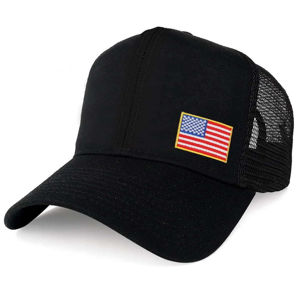 USA American Flag Patch Snapback Trucker Mesh Cap - Black
