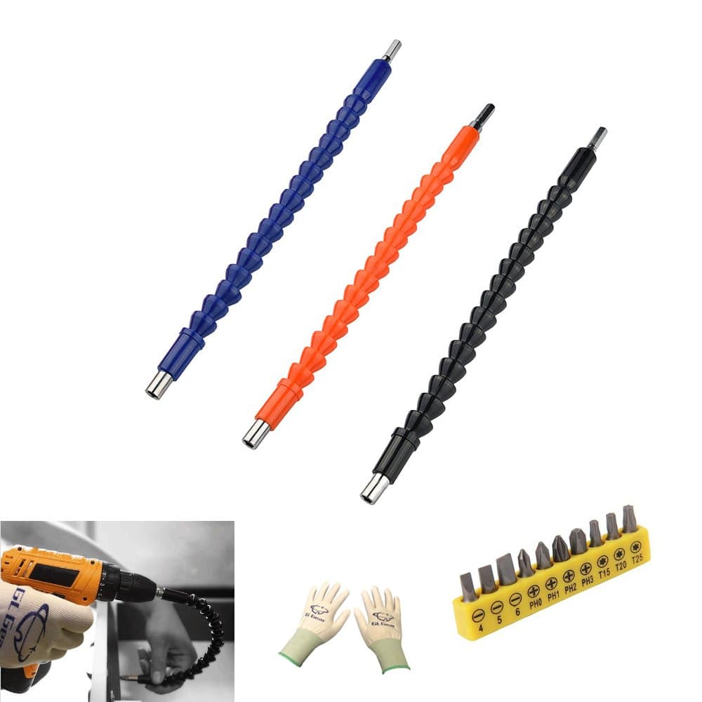 GL Gear 3 Pack Flexible Extensicon Screwdriver Bit,11.8 Inch Magnetic Quick Connect Drive Shaft Tip for Electric Drill (1 pair gloves free)