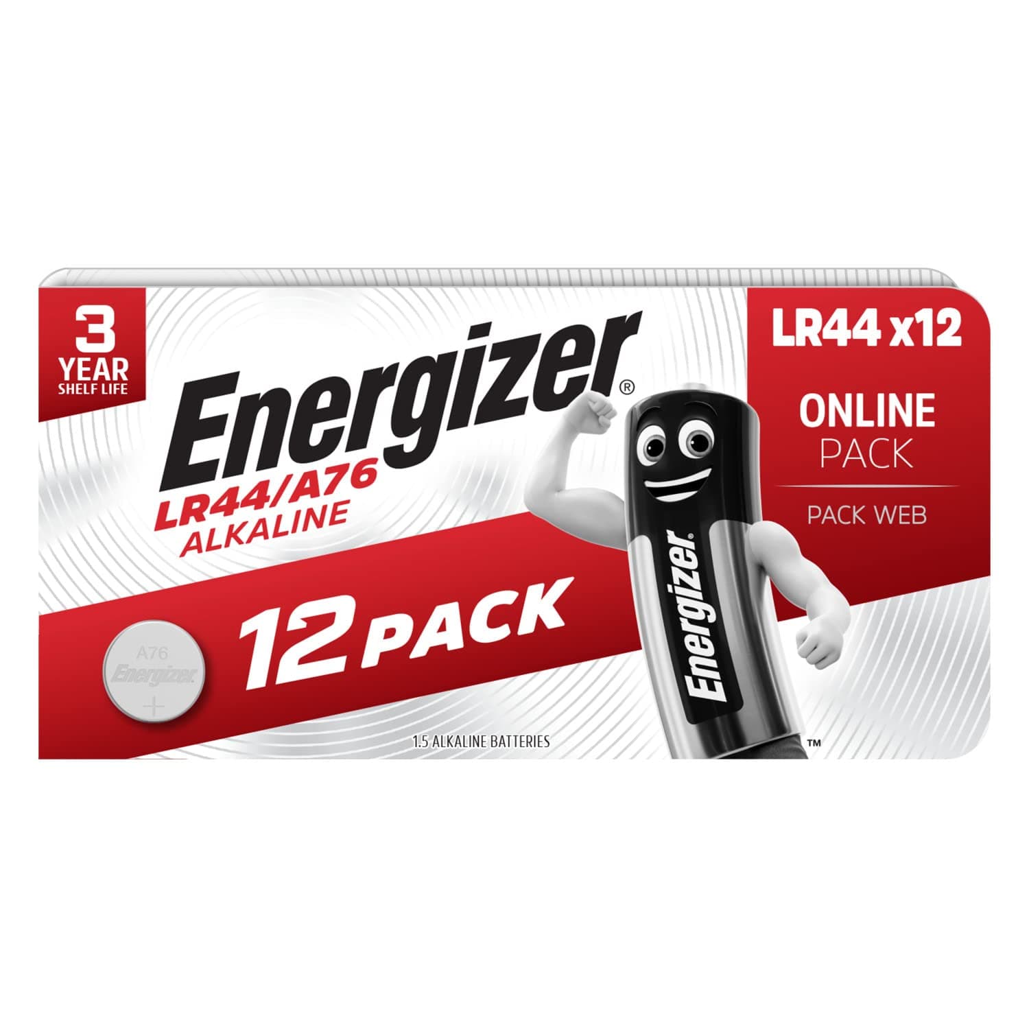 Energizer LR44 Batteries (12 Pack) - A76 Button Cell Battery - 1.5V Alkaline - Toys, Watches, TV Remotes, Security Systems, Home & Medical Devices - Child Resistant Packaging [Amazon Exclusive]