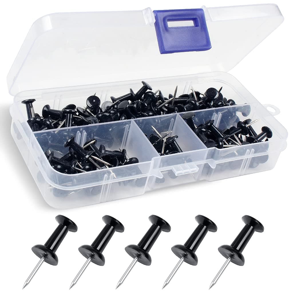 Push Pins, 100 Pcs Reusable Drawing Pins with Solid Plastic Storage Box, Rustproof Thumb Tacks for Cork Notice Pinboard Bulletin Board - School & Office Use (Black)