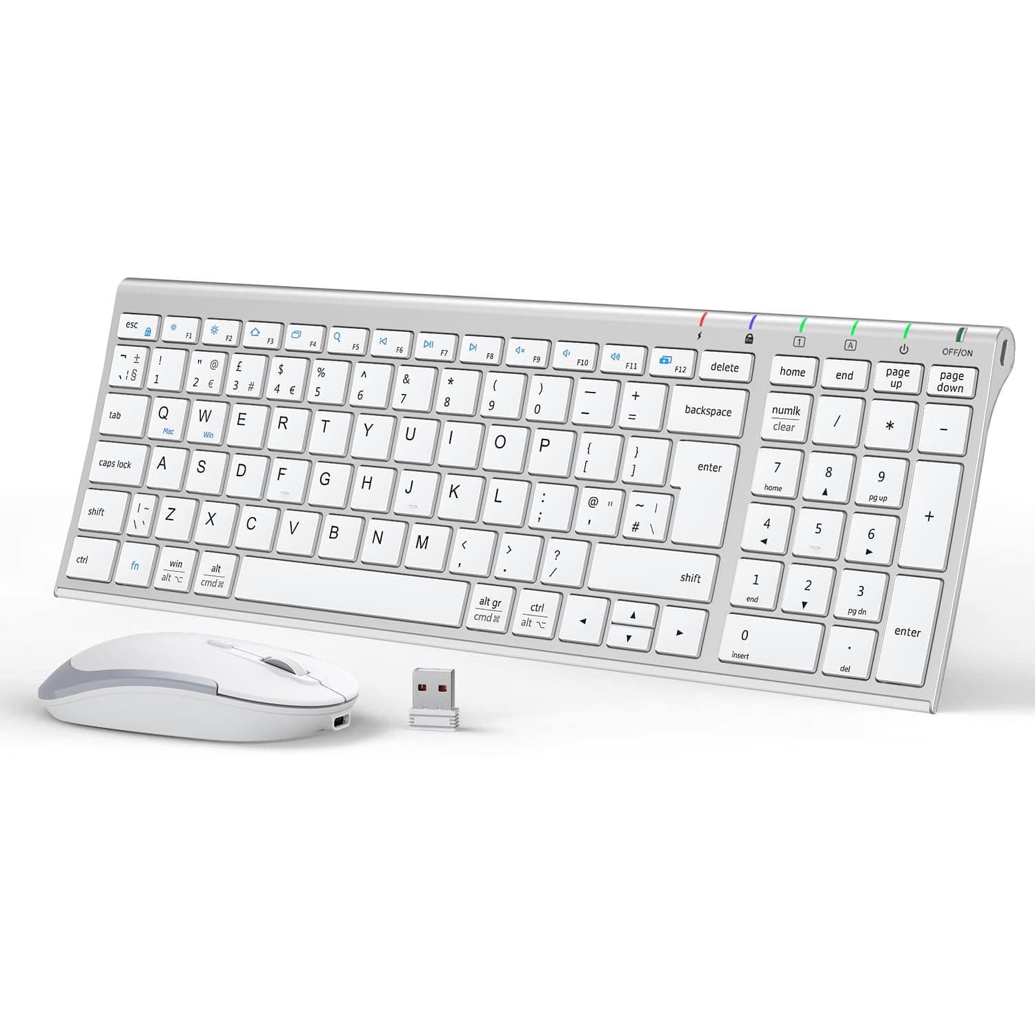 – iClever GK03 Wireless Keyboard & Mouse Combo for Mac & Windows, 2.4G Rechargeable Wireless Keyboard Mouse, Silent Keys, Full Size, Portable Slim Ergonomic Design, QWERTY UK Layout, Silver and White