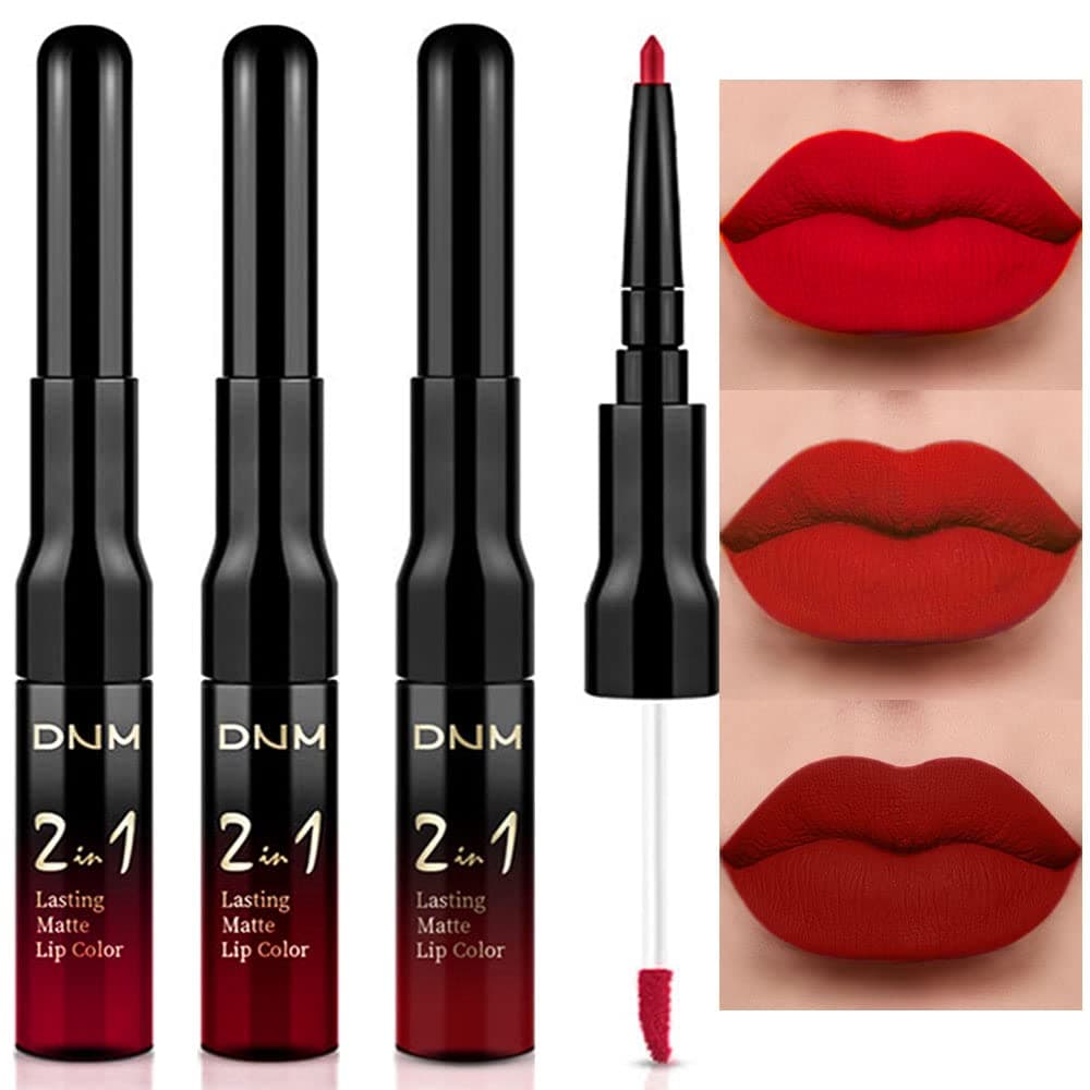 evpct 3Pcs Deep Dark Red Lip Stain Paint Matte Lip Liner and Lipstick Set Lon...