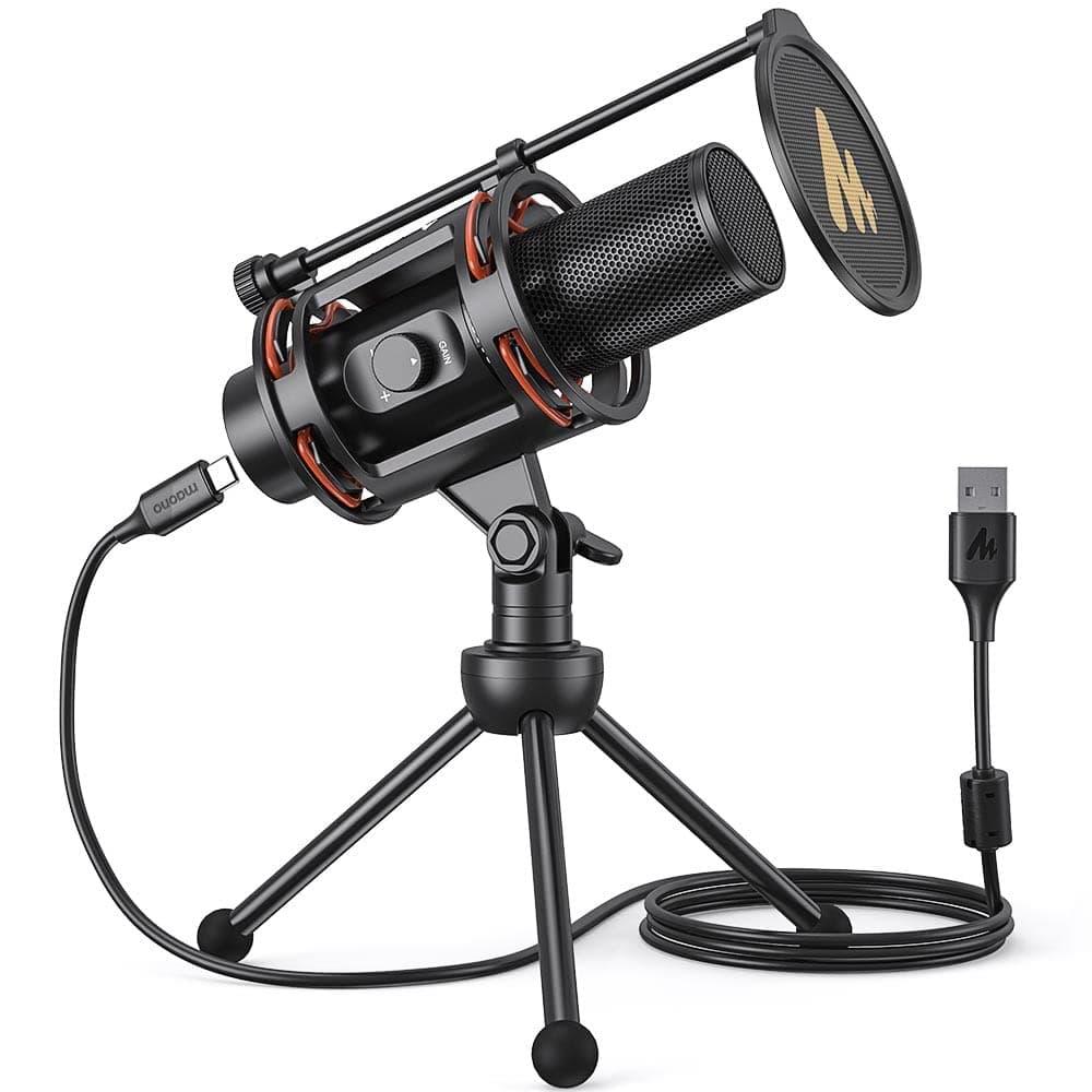 MAONO USB Computer Microphone, All in One Condenser Mic with Gain Knob and Zero Latency Monitoring, Metal Pop Filter, Tripod Stand for Podcasting, Streaming, YouTube, Voice Over, Zoom Meeting