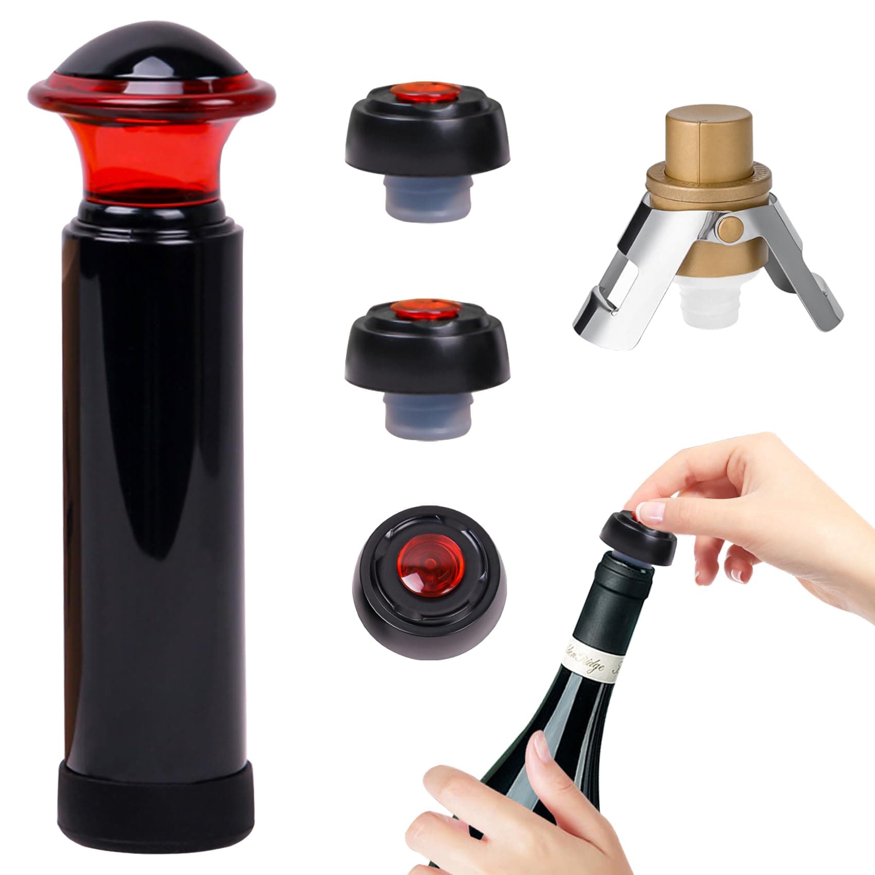 CCSmallWine Saver Vacuum Pump Set - Includes 3 Reusable Wine Stoppers & 1 Champagne Stopper Built-in Vacuum Pump Preserves Freshness & Flavor - Perfect for Wine Enthusiasts Black