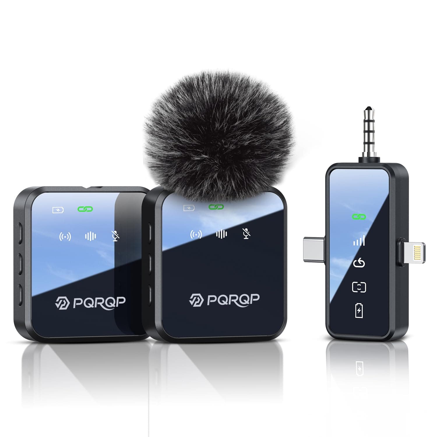 PQRQP 3 in 1 Microphone for iPhone/Android/Camera, Wireless Microphones, 100m Transmission, 18H Battery Life, Mini Microphone for Recording, Vlogs, YouTube, Tiktok