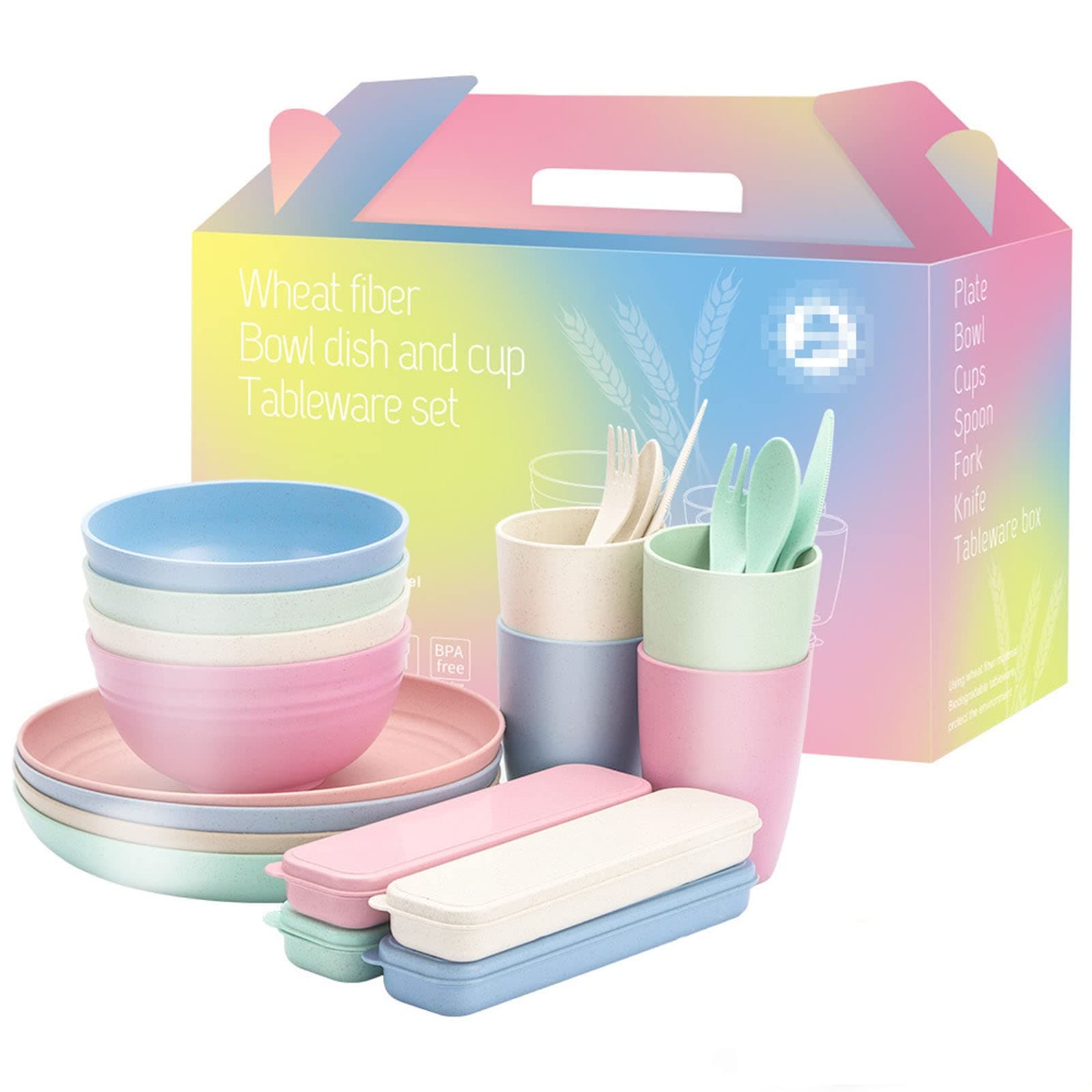 28Pack Wheat Straw Plates Set, Microwave And Dishwasher Safe Dinnerware Set Unbreakable, Cute Camping Plates Cups And Bowls Set with Forks Spoons,D