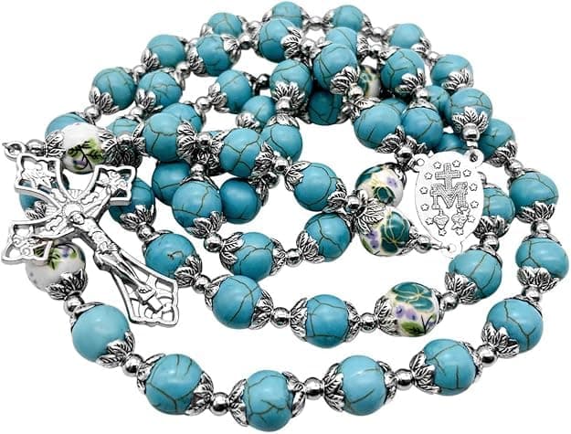 Turquoise Marble Stone Beads Rosary Necklace with Ceramic Mystery Flowers Beads Miraculous Medal and Silver Cross