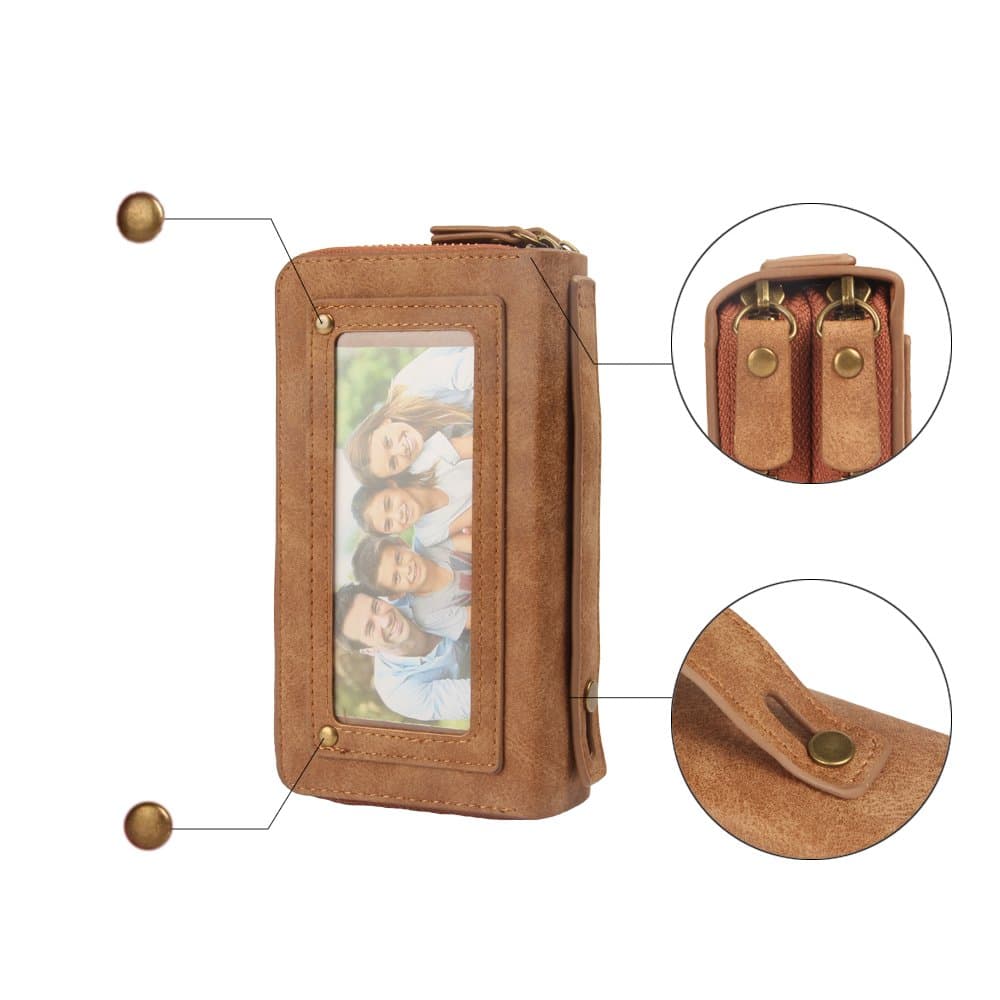 iPhone8 Plus Case, Zipper Wallet Case, Multi-function Purse Removable Back Cover With Strong Magnetic, Dual Zipper Cash Storage And Card Slots Case With Mirror Hand Strap for Iphone7 Plus case_Brown