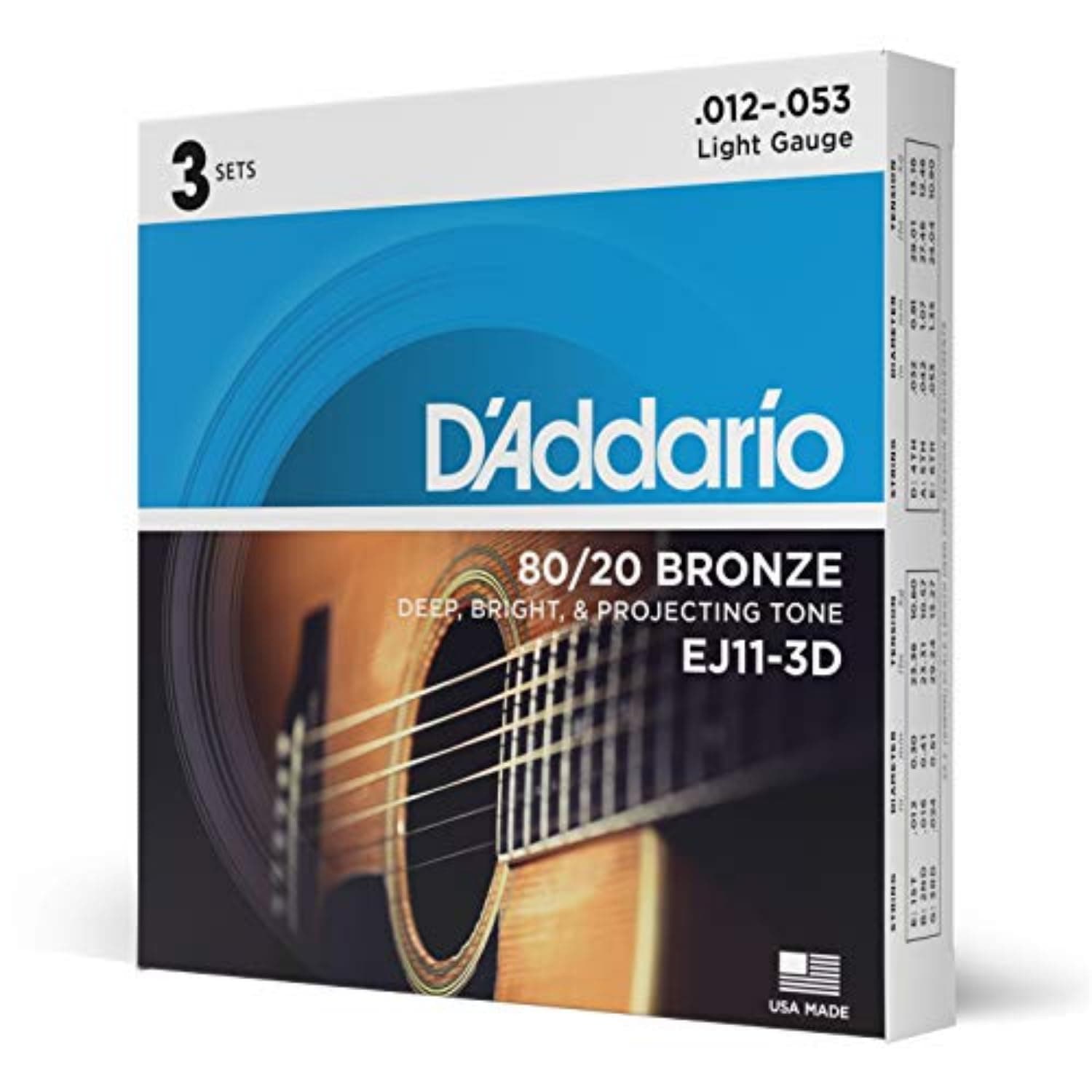 Acoustic Guitar Strings, 80/20 Bronze, EJ11-3D, Light Gauge 12-53, 6-String Set, Pack of 3