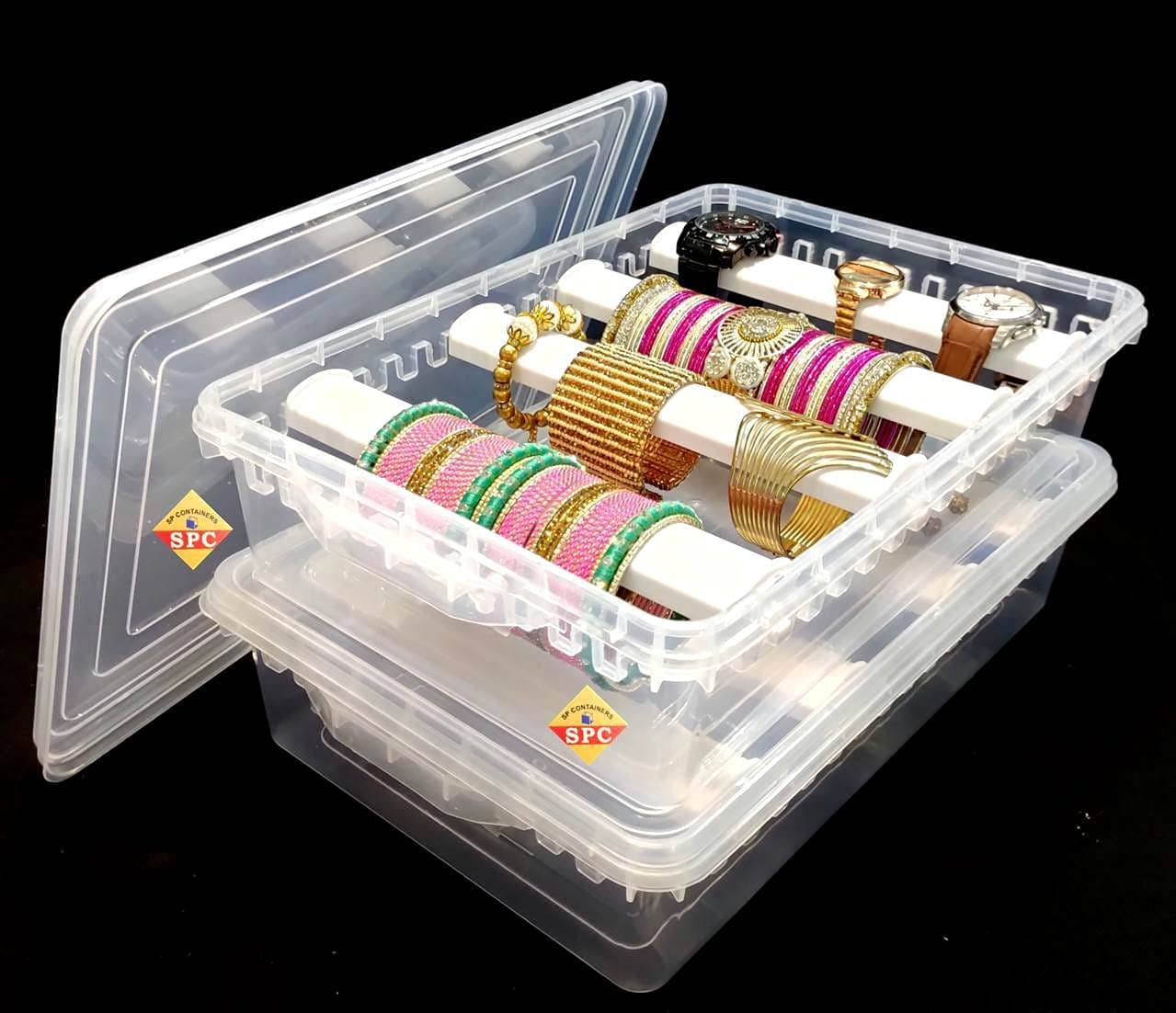 SPC Plastic Adjustable 4 Rod Bangle Box Chudi Set Organizer Jewellery Storage Display Box For Bangles Chudi Bracelet Wrist Watch Hair Bands Scrunchies Accessories, Transparent (2), 38 Cm, 25 Cm, 9 Cm