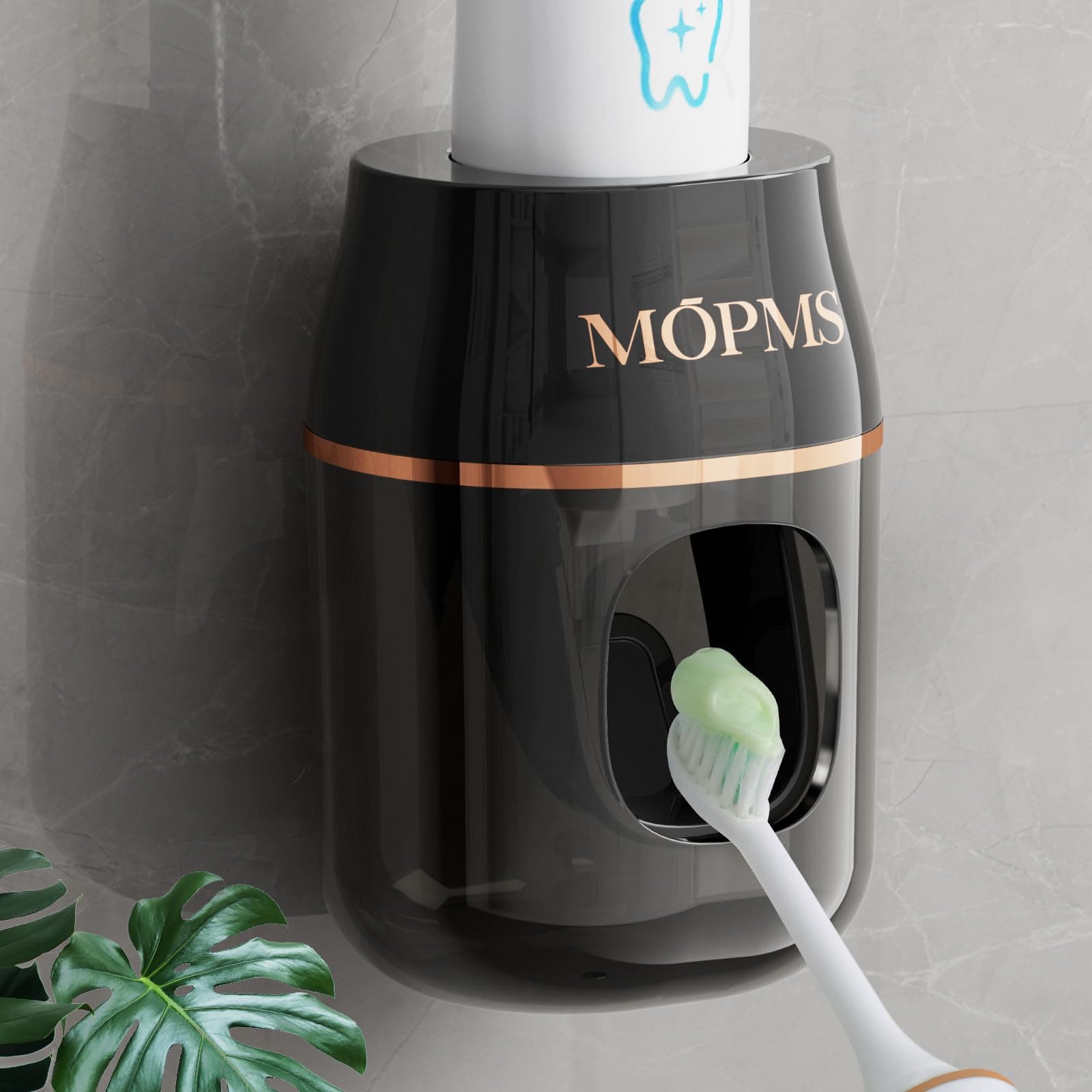 MOPMS Upgraded Toothpaste Dispenser Automatic Wall Toothbrush Holder for Bathroom Hanging Toothpaste Squeezer for Kids and Adult (Black & Rose Gold-1Pcs)