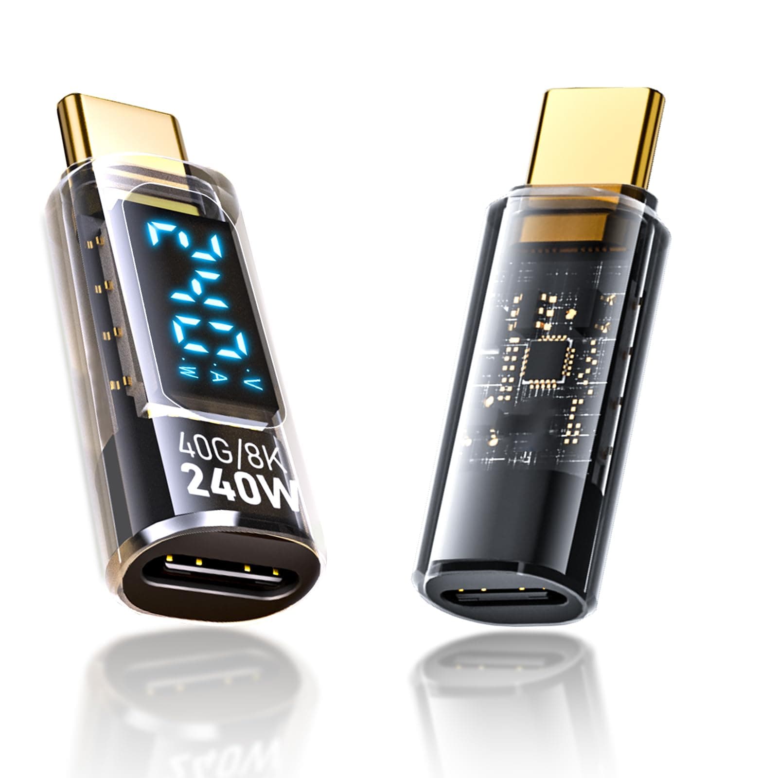 USB C Extension Adapter, 2Pack 40Gbps Transparent USB C Converter Power Meter Tester with LED Digital Display,PD 240W USB Type C Male to Female Adapter Connector for iPhone 15/16 Series