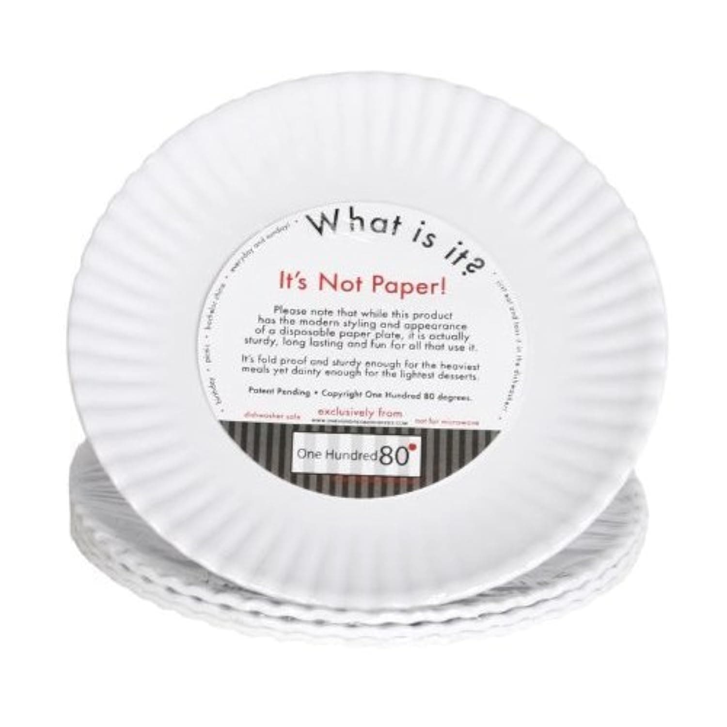 One Hundred 80 Degrees "What Is It?" Reusable White Appetizer or Dessert Plate, 6 Inch Melamine, Set of 4