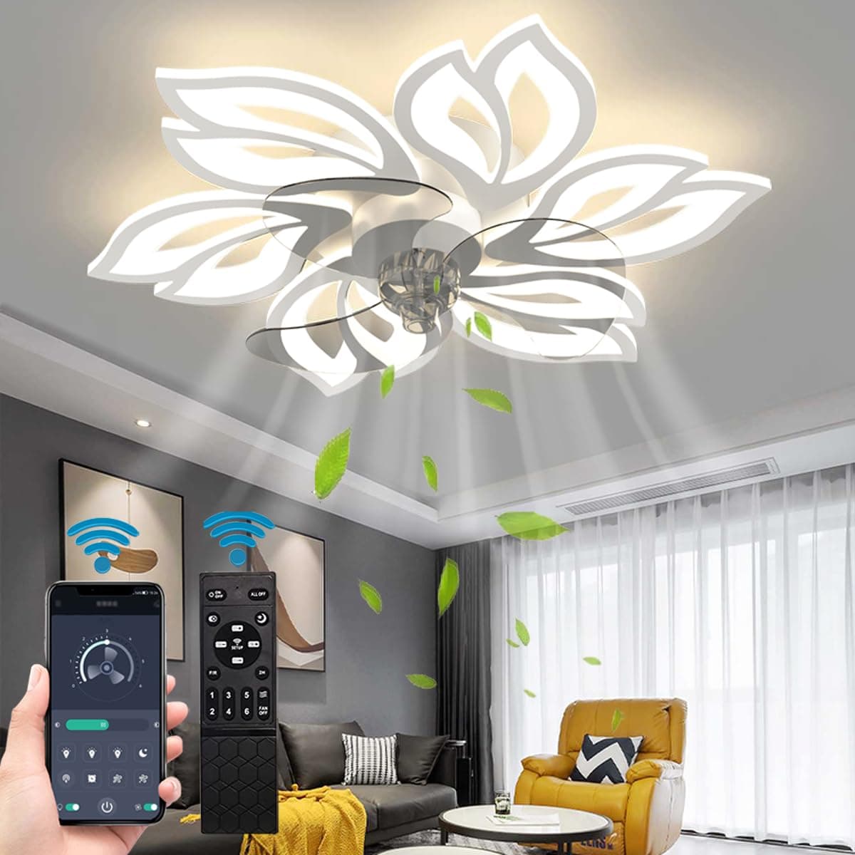 25.6" Bladeless Ceiling Fan with Lights Remote Control, Modern Low Profile Ceiling Fans with Lights Flush Mount, Dimmable 3 Color 6 Speeds LED Fan Lamp Indoor for Bedroom, Living Room -White