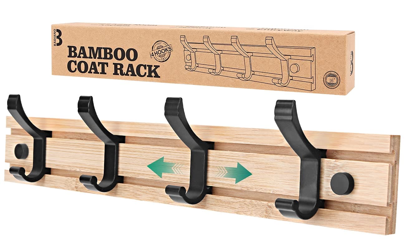 Wall Mount Coat Rack with Movable Hooks, Mounted Organizer for Hanging Coats, Towels, Hats, Backpacks, Hook Hanger for Bedroom, Bathroom, Farmhouse, Living Room, Office, Heavy Duty, Double Hooks