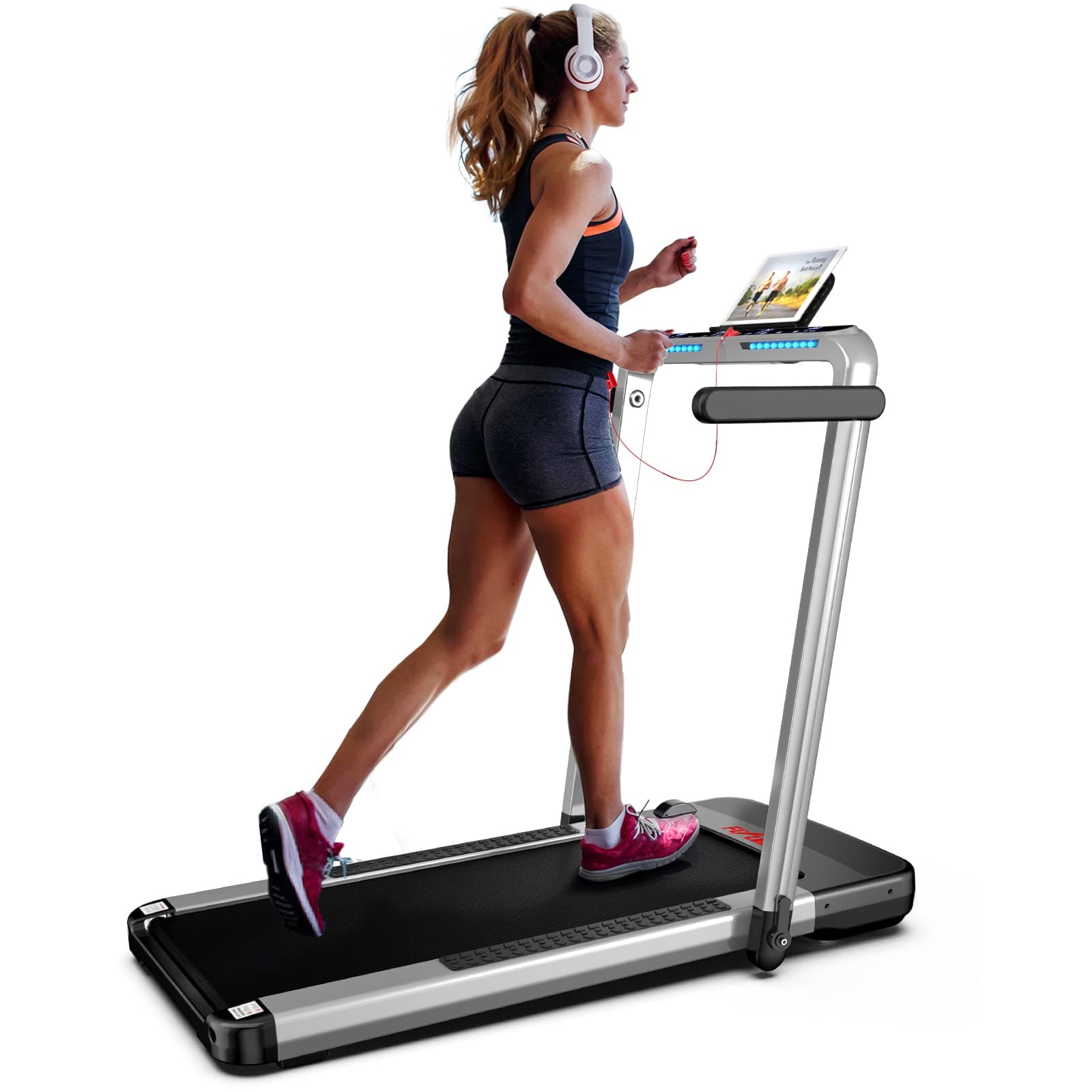 2 in 1 Folding Treadmill, FLYLINKTECH Home Quiet Treadmill with Bluetooth Control, Wide Running Belt, Transport Wheels, 14 km/h, 12 Exercise Modes, LCD Display