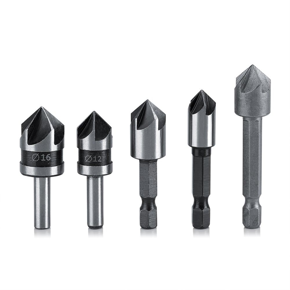 Deburring Tool Bit Countersink Drill Bit Set 82 Degree Steel Countersink High Speed Angle HSS 5 Flutes for Woodworking Chamfering Cutter, 5-Pack