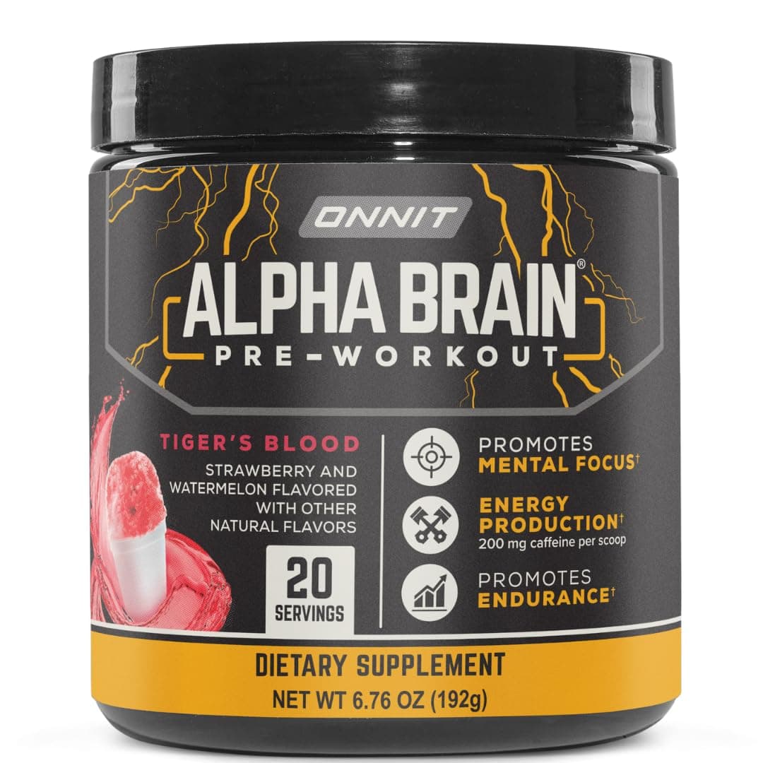 ONNIT Alpha Brain Pre-Workout Powder, IGEN™ Non-GMO Tested, Tiger's Blood Flavor, Pre-Workout Supplement for Women and Men, Dietary Supplement, 20 Servings per Tub, 6.76 oz