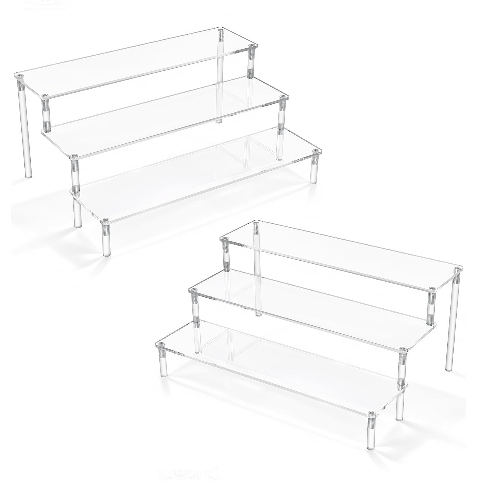 AZEAM 2 Packs Acrylic Display Risers,Clear Display Risers Stand Small Mini Shelf 3 Tiered Cupcake Stand for Food Desserts Stand Perfume Organizer Toys Collections Cosmetic Products Tabletop Use