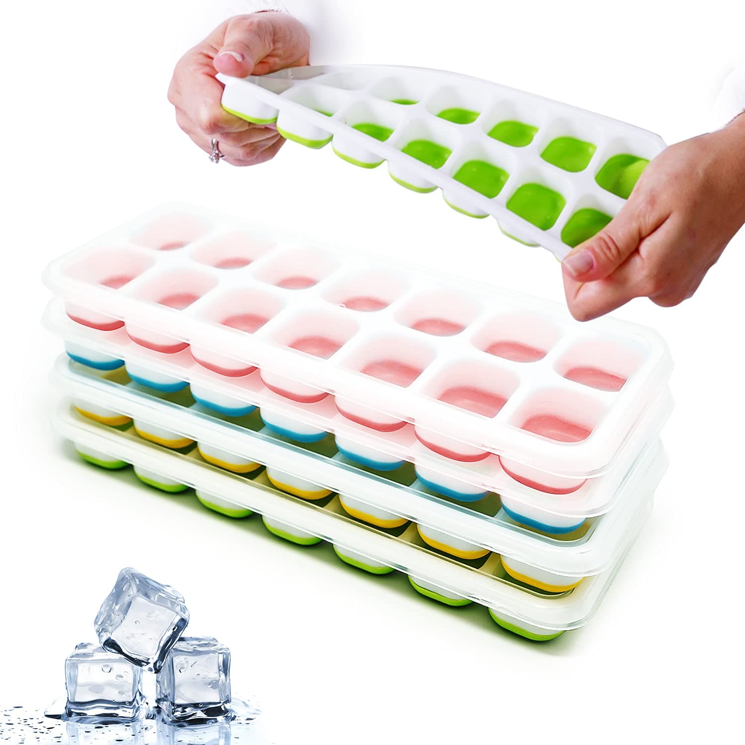 OVS Ice Cube Tray with Lid - 4 Pack Ice Trays for Freezer - Flexible Ice Mold with Clear Lids - Stackable Ice cube Storage Container - Easy Pop Release Molds - Covered Ice Cubes Maker for Mini Fridge