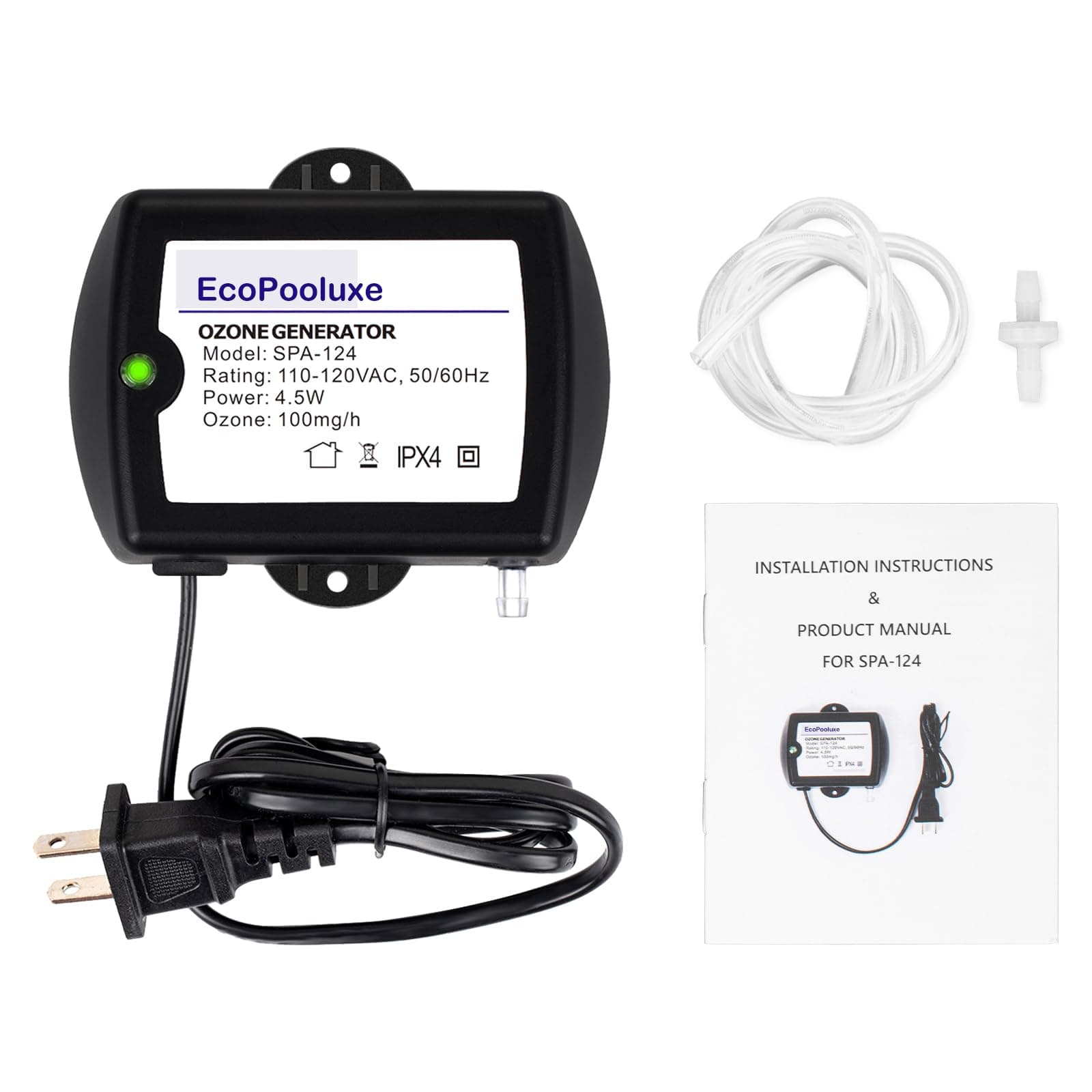 SPA-124 Spa-Ozonator Kit, 100mg/h Efficient Output Ozone Machine, Mini Portable Ozone-Generator with Check Valve&PVC Hose for Cold Plunge and Hot Tub, Black