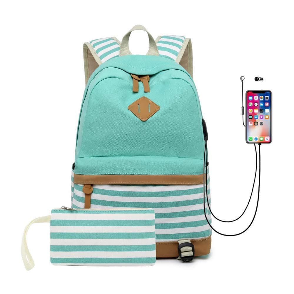 HFY School Backpack, Laptop Backpack 15.6 Inch, Canvas Backpack School Bags Set for Teens Girls School Backpack with USB Port and Earphone Port, College School Bag for Casual Travel (green-1)