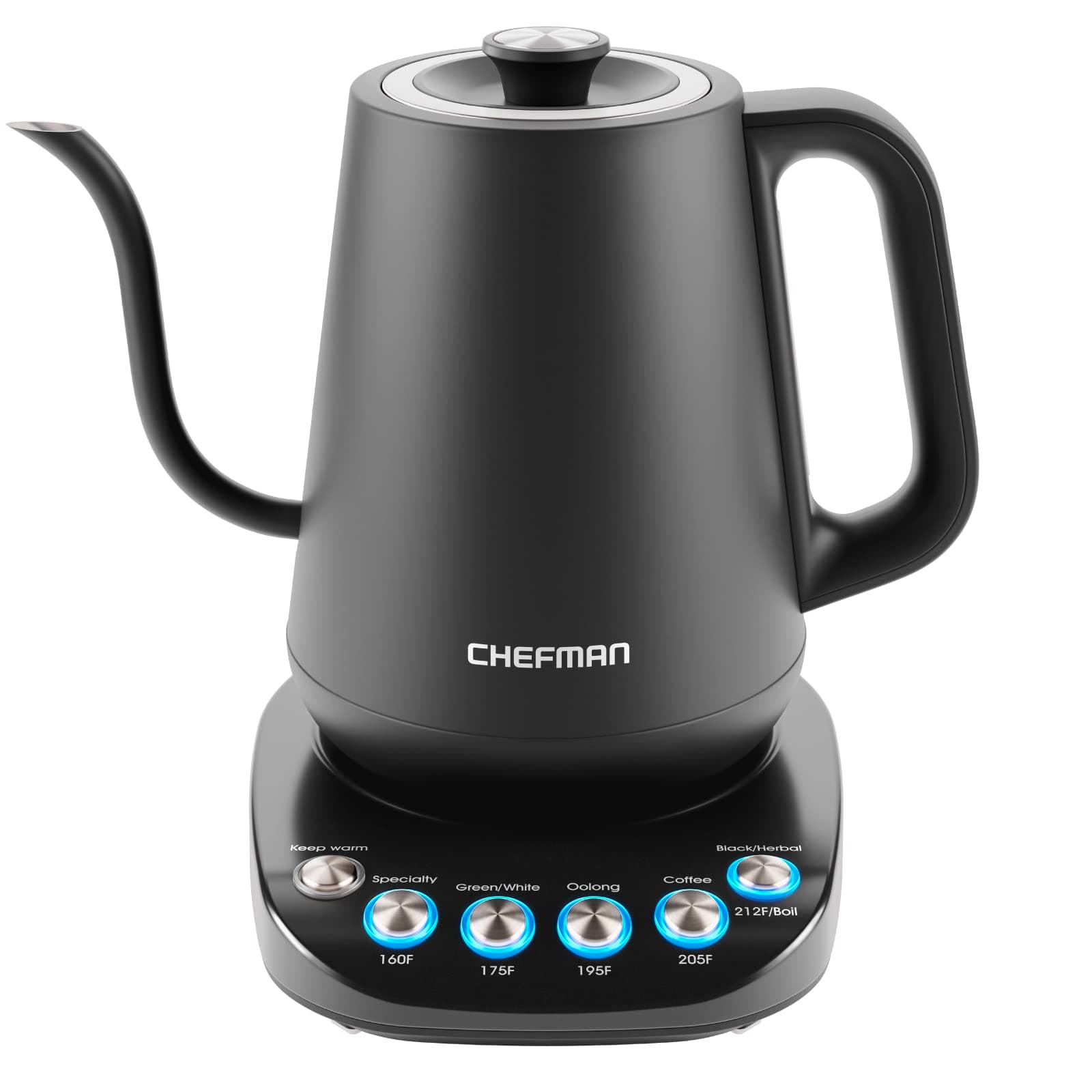 Chefman TrueTemp Precision Control Gooseneck Kettle, Internal Custom Temperature Control and 6 One-Touch Presets, Boil-Dry Protection Auto Shut-Off for Safety, For Pour Over Coffee and Tea, Black