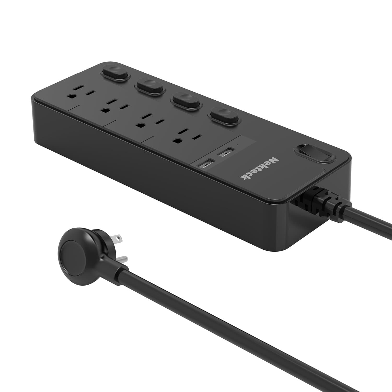 Nekteck Power Strip/Surge Protector Flat Wall Plug with 4 AC Outlets (Individually Controlled) 20W 2-Port USB Charger for iPhone, Samsung Galaxys, Nexus, Tablets, LG, More [4.8ft Cord, 4AC, 2 USB]