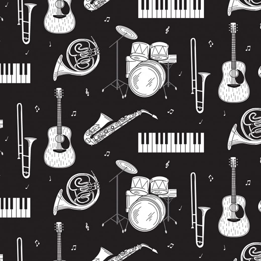 Nutex Fabric - Musical Instruments Drums Guitars on Black - Patchwork Quilting Dressmaking Craft Fabric