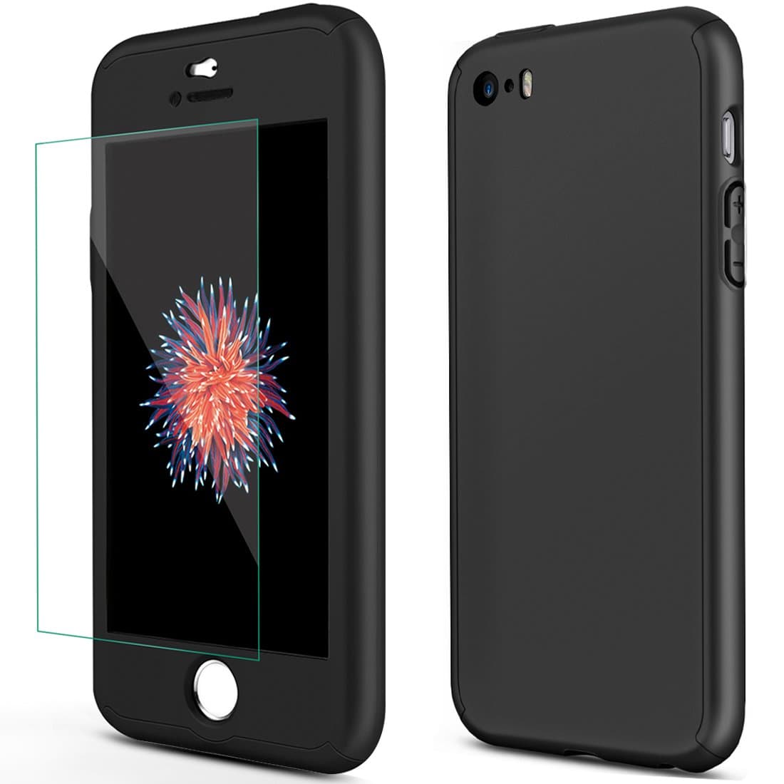 iPhone 5S Case, iPhone 5 Case, iPhone SE Case, FIRMGE Matte Skin Dust-Proof Anti-Scratch Full Body Protection Ultra Thin Hard Case with Tempered Glass Screen Protector for iPhone 5S/5/SE -Black