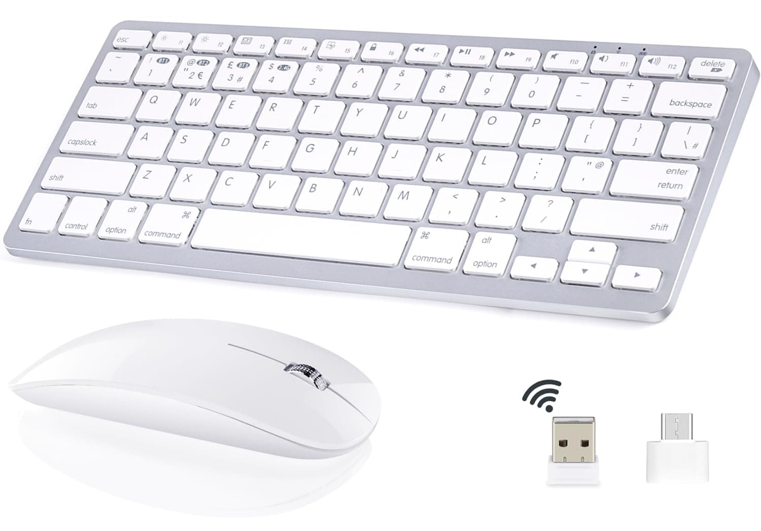 5 in1 Wireless Keyboard and Mouse Combo, Rechargeable Bluetooth Keyboard & Mouse compatible with Apple Macbook iMac iPad and Windows Android (Silver-White)