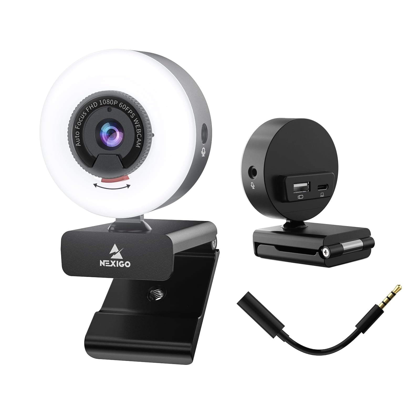 NexiGoN960E Pro 60FPS Webcam with Mic/Headset Jack and Extra USB Port, 1080P Web Camera with Light, Fast AutoFocus, Built-in Privacy Cover, for Zoom Meeting Skype Teams Twitch (Renewed)