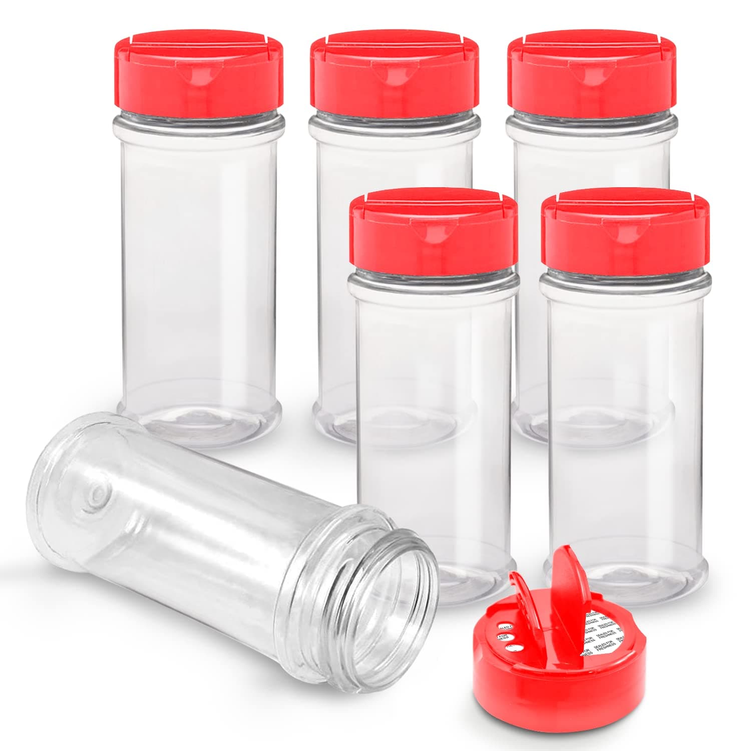 RoyalHouse - 6 PACK - 5.5 Oz with Red Cap - Plastic Spice Jars Bottles Containers, Perfect for Storing Spice, Herbs and Powders, Lined Cap - Safe Plastic, PET - BPA free - Made in USA