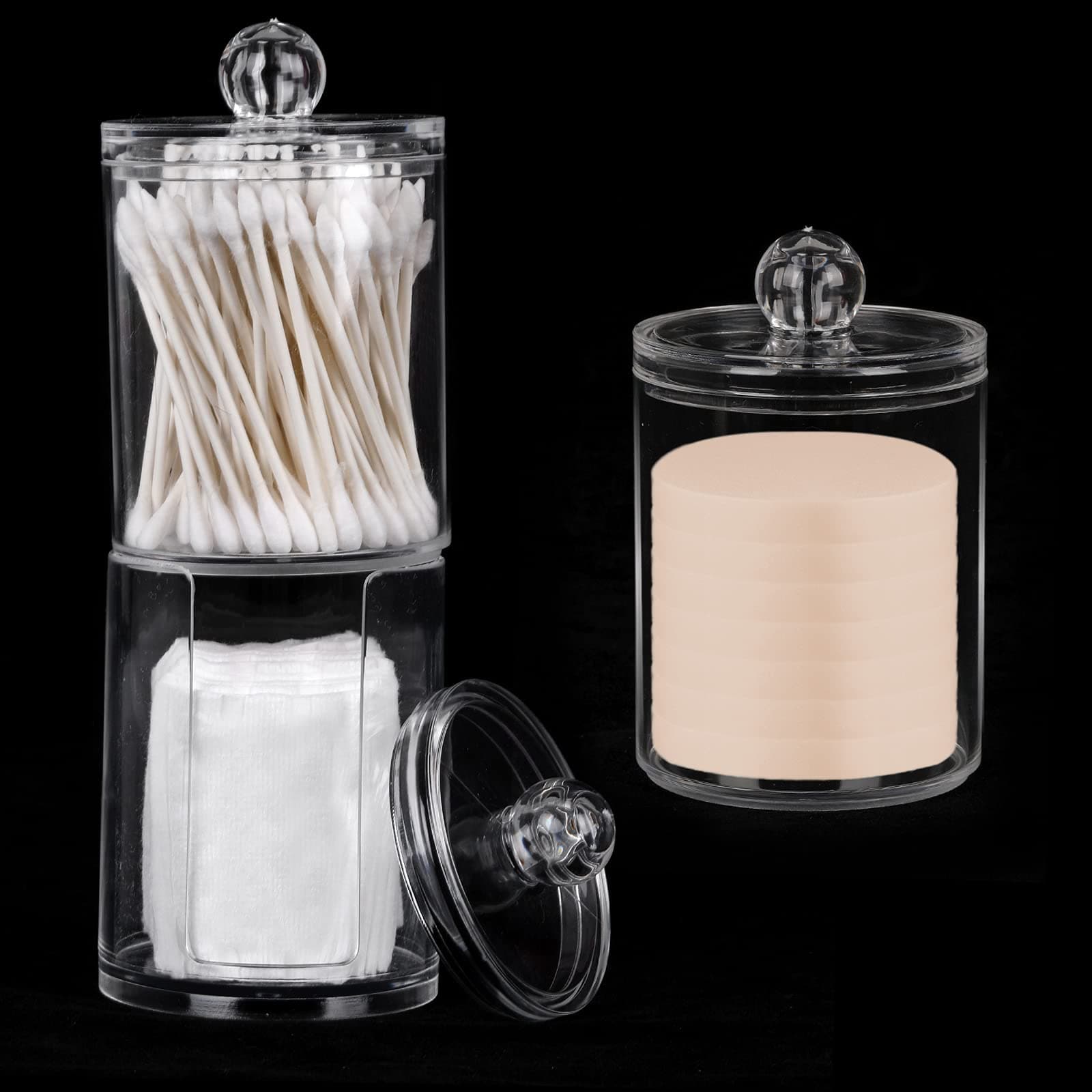 yeestone Acrylic Makeup Organiser, Bathroom Storage Jars with Lid, Stackable Cotton Pad Holder, 3PCS Cotton Bud Holder, Dressing Table Storage for Cotton Ball Pad Bud Swabs Q-Tips