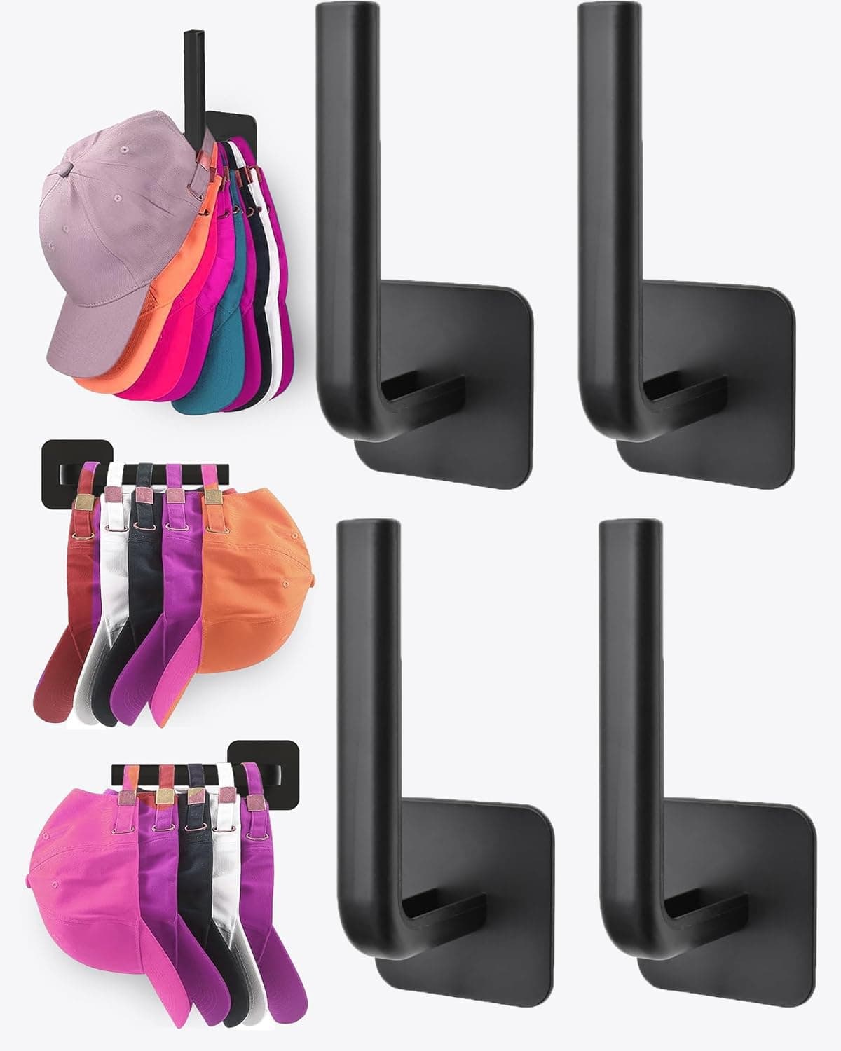 Knource Adhesive Hat Organizer for Wall, Racks for Baseball Caps, No Drilling Holder Organizer Hook (4-Pack, Black)