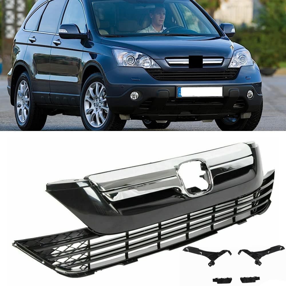 Chrome Front Bumper Upper & Lower Grille Assembly Glossy Black ABS Plastic Mesh Style Middle Grill Compatible With 2007-2009 Honda CR-V CRV Grill Replacement(2007-2009)