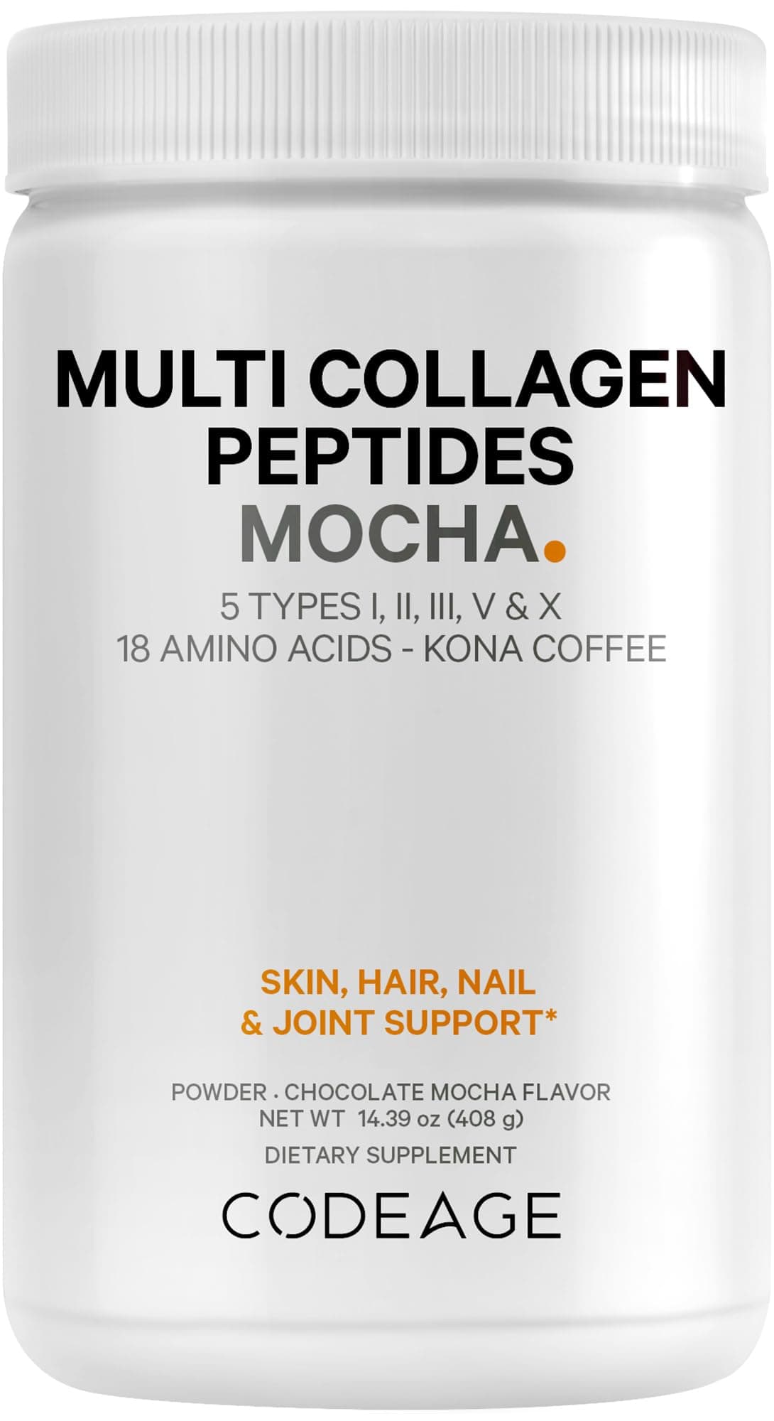 Codeage Multi Collagen Peptides Protein Powder - Chocolate Mocha Instant Coffee - Gourmet Knoa Coffee Drink & Shake - Collagen Type I, II, III, V & X - Grass-Fed, Hydrolyzed, Non-GMO - 14.39oz