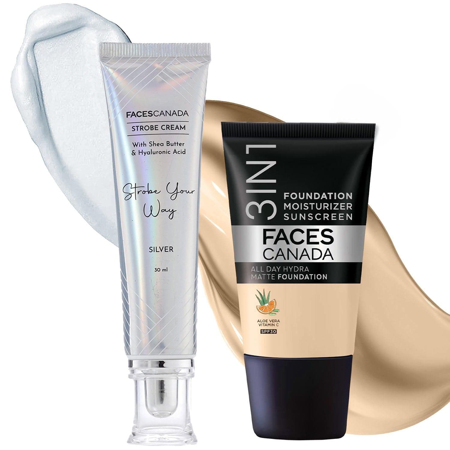 Celeb Full Coverage Glow Kit | Silver Strobe Cream (30ml) + Absolute Ivory All Day Hydra Matte Mini Foundation (18ml) | Makeup Kit For Women (Combo Pack of 2)