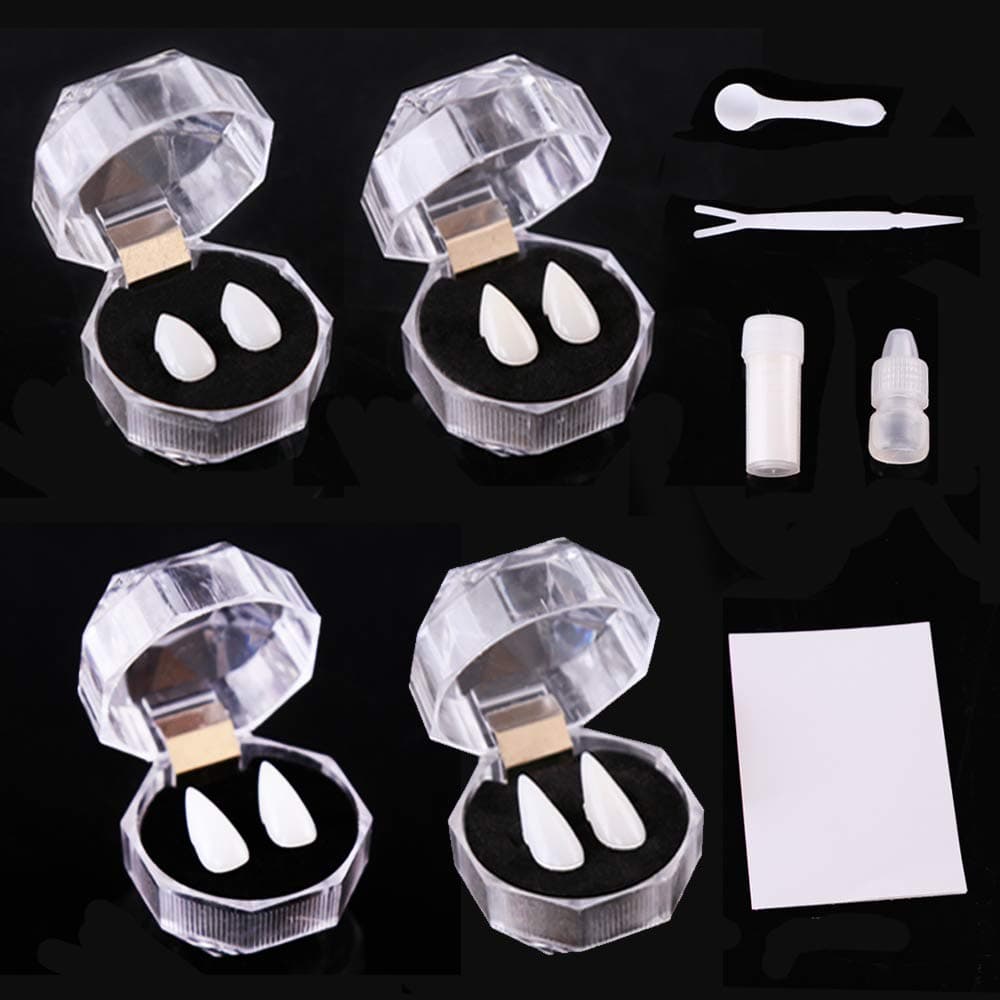 4 Pairs Vampire Teeth,4 Difference Size Fangs Fake Teeth for Halloween Party Cosplay Prop Decoration ,1 Pack Teeth Pellets Adhesive