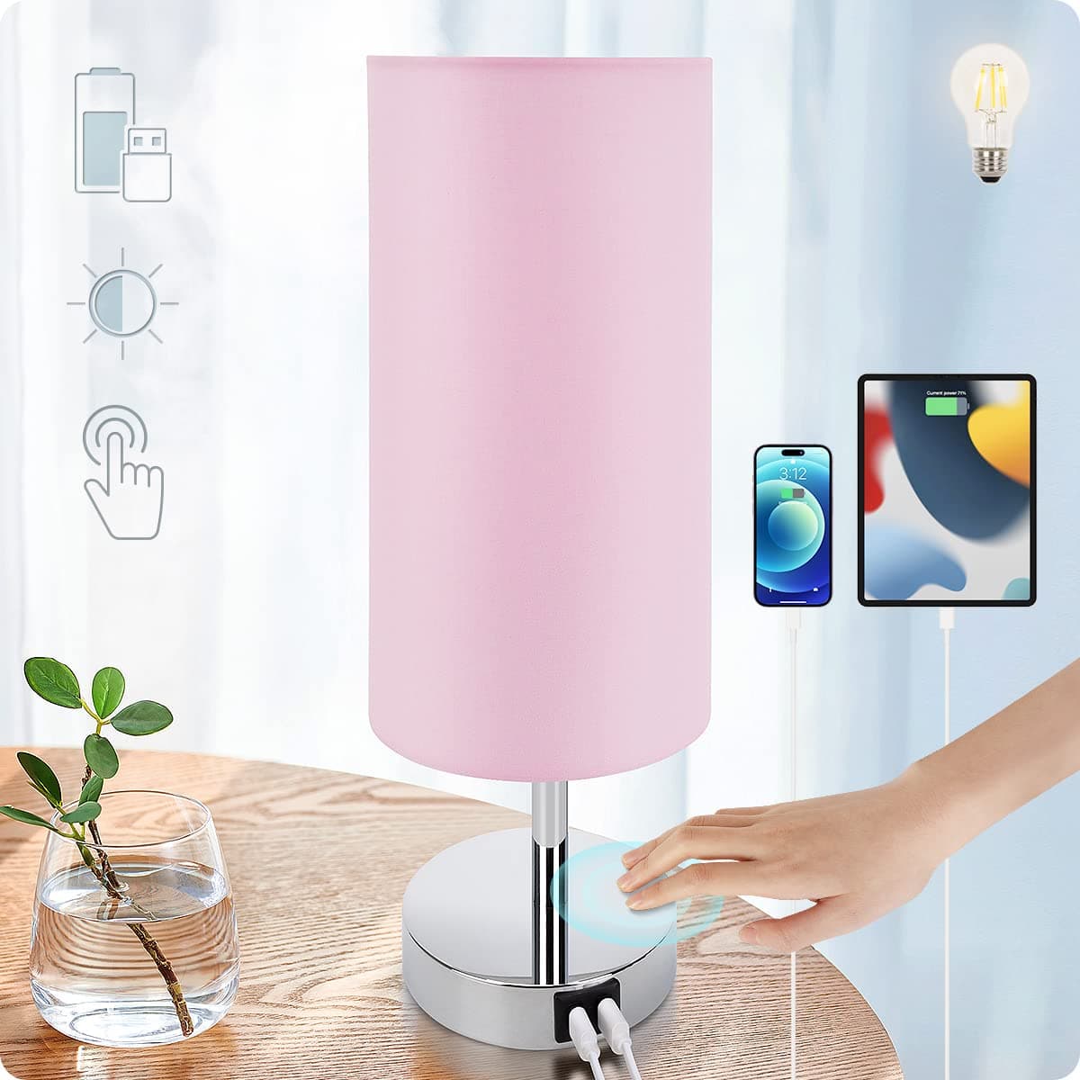 Yarra-Decor Bedside Lamp with USB Port - Touch Control Table Lamp for Bedroom 3 Way Dimmable Nightstand Lamp with Round Pink Fabric Shade for Living Room, Dorm, Home Office (LED Bulb Included)