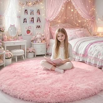 (1.5m x 1.5m, Pink) - Beige Round Rug for Bedroom,Fluffy Circle Rug 1.5mX1.5m for Kids Room,Furry Carpet for Teen's Room,Shaggy Throw Rug for Nursery Room,Fuzzy Plush Rug for Dorm,Beige Carpet,Cute...