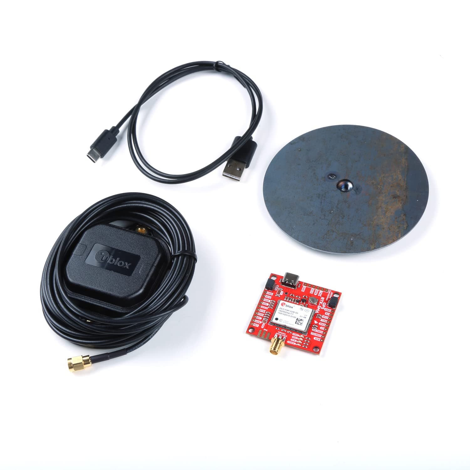 SparkFun GPS-RTK-SMA Kit - Includes GPS breakout- Magnetic Mount Antenna- Ground Plate & USB-C Cable - u-Blox ZED-F9P & RTK- High precision accuracy in milimeters- Both Rover & Base station operations