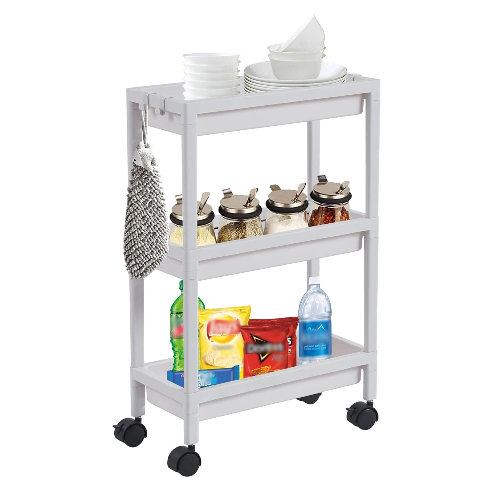 3 Tier Rolling Utility Cart Storage Trolley Mobile Organizer with Lockable Caster Wheels Standing Rack Shelving Unit for Bathroom Laundry Pantry Kitchen Narrow Places