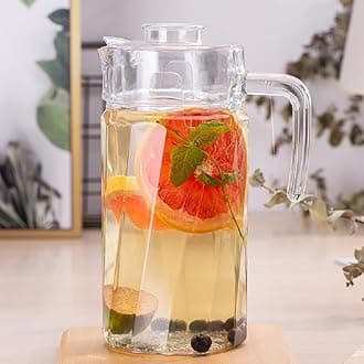 SYANKA Premium Glass Water Jug - 1.8 Litre, Transparent, Hot Cold Water Pitcher With Lid, Iced Tea, Milk And Juice Beverage Carafe, Lemon Jug
