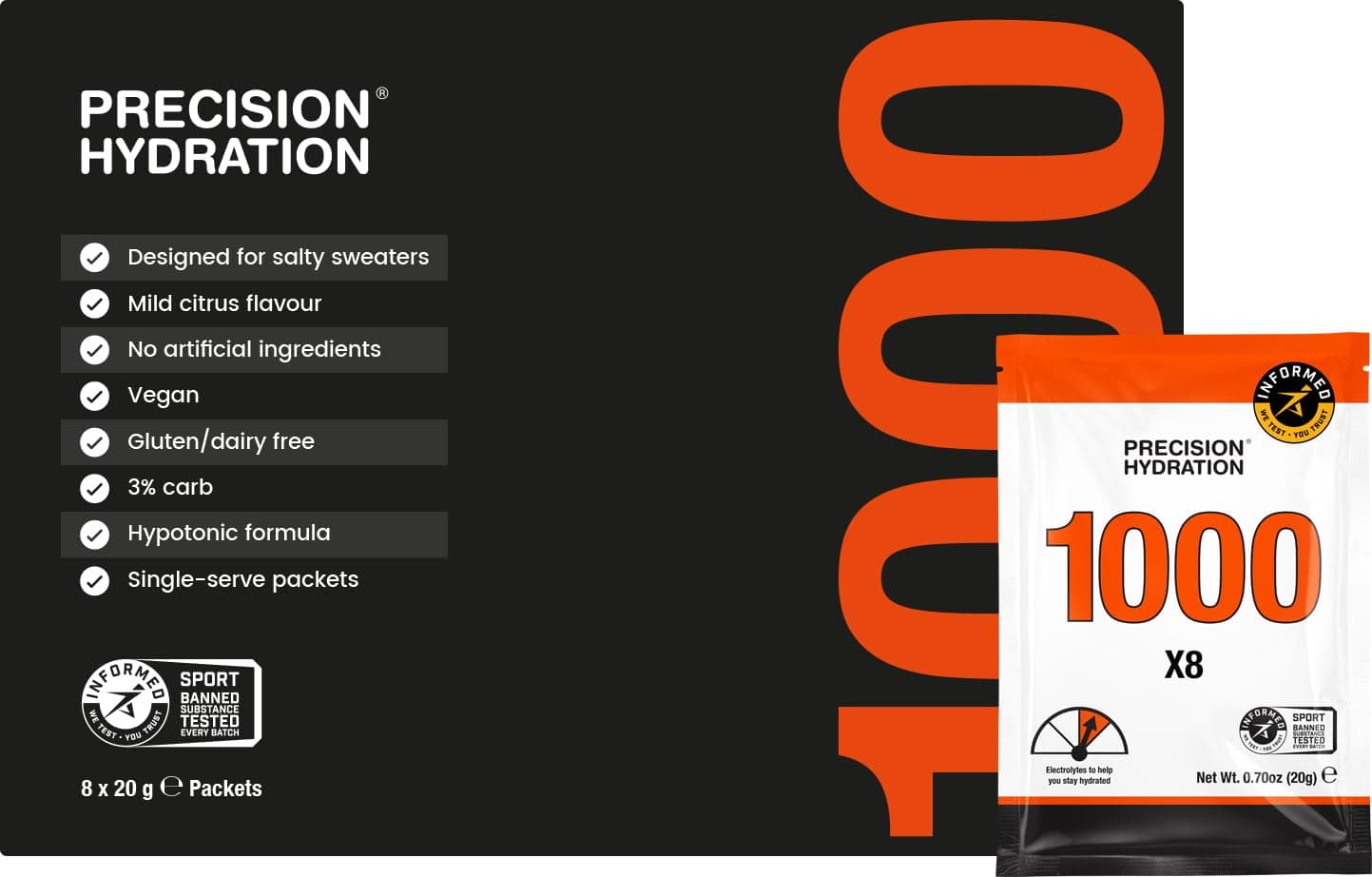 Precision Hydration Electrolyte Powder - No Artificial Ingredients, Multi Strength Hydration Packets - Individual Waterproof Servings - Gluten/Dairy Free, 1 Box (8 Packets, 1000mg/L-Orange)