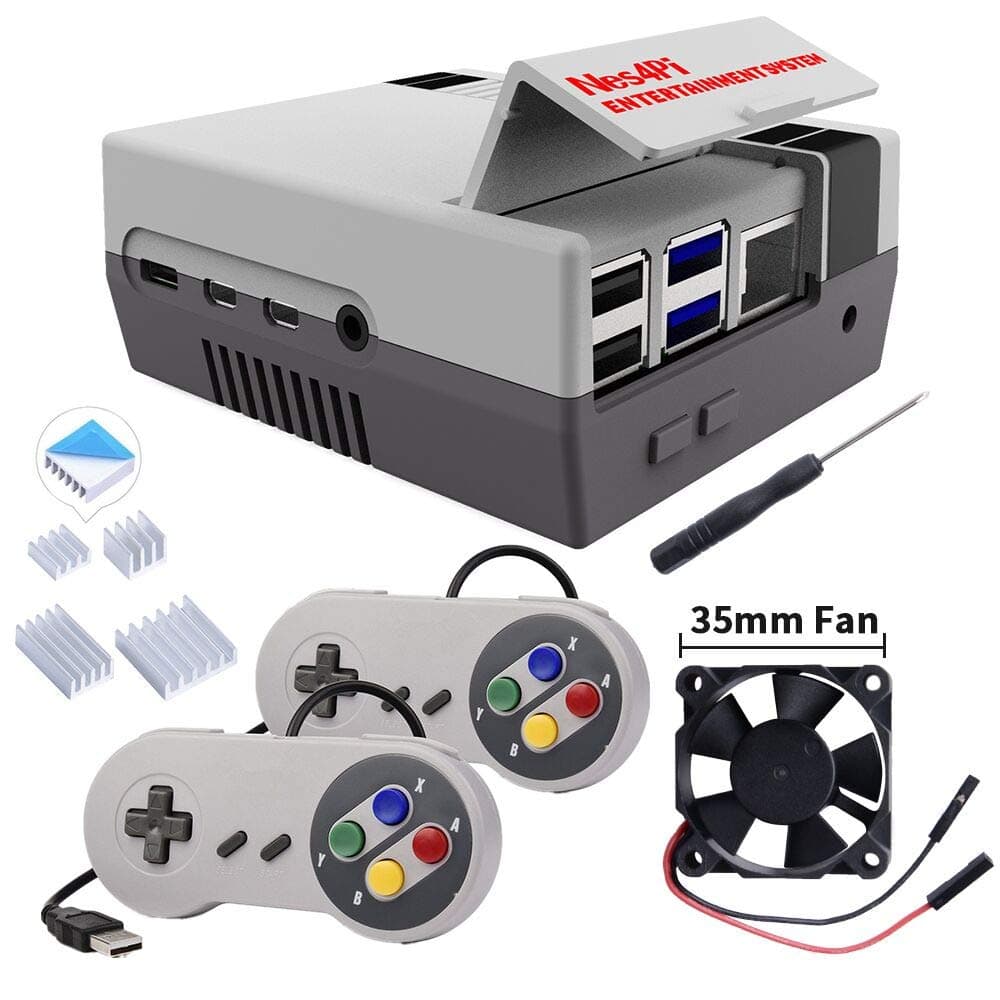 DVOZVO Retro Gaming Nes4Pi Case with USB Wired Game Controllers for Raspberry Pi 4B, Case with Cooling Fan and Heatsinks