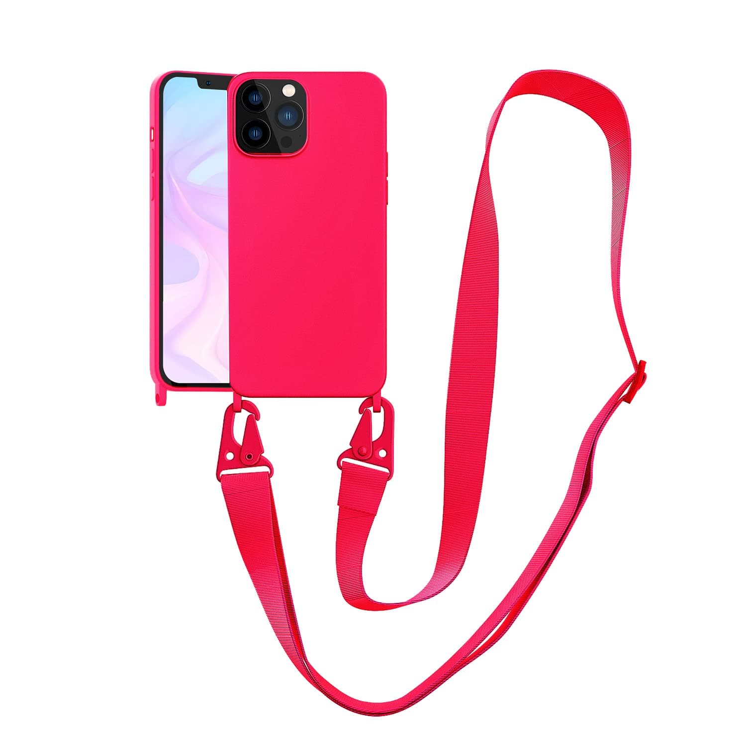 Compatible with iPhone 13 Pro Max Case Crossbody Phone Case with Strap Neck Lanyard Adjustable Shockproof Drop Protection Silicone Phone Cover for iPhone 13 Pro Max, 6.7’’ Neon Pink