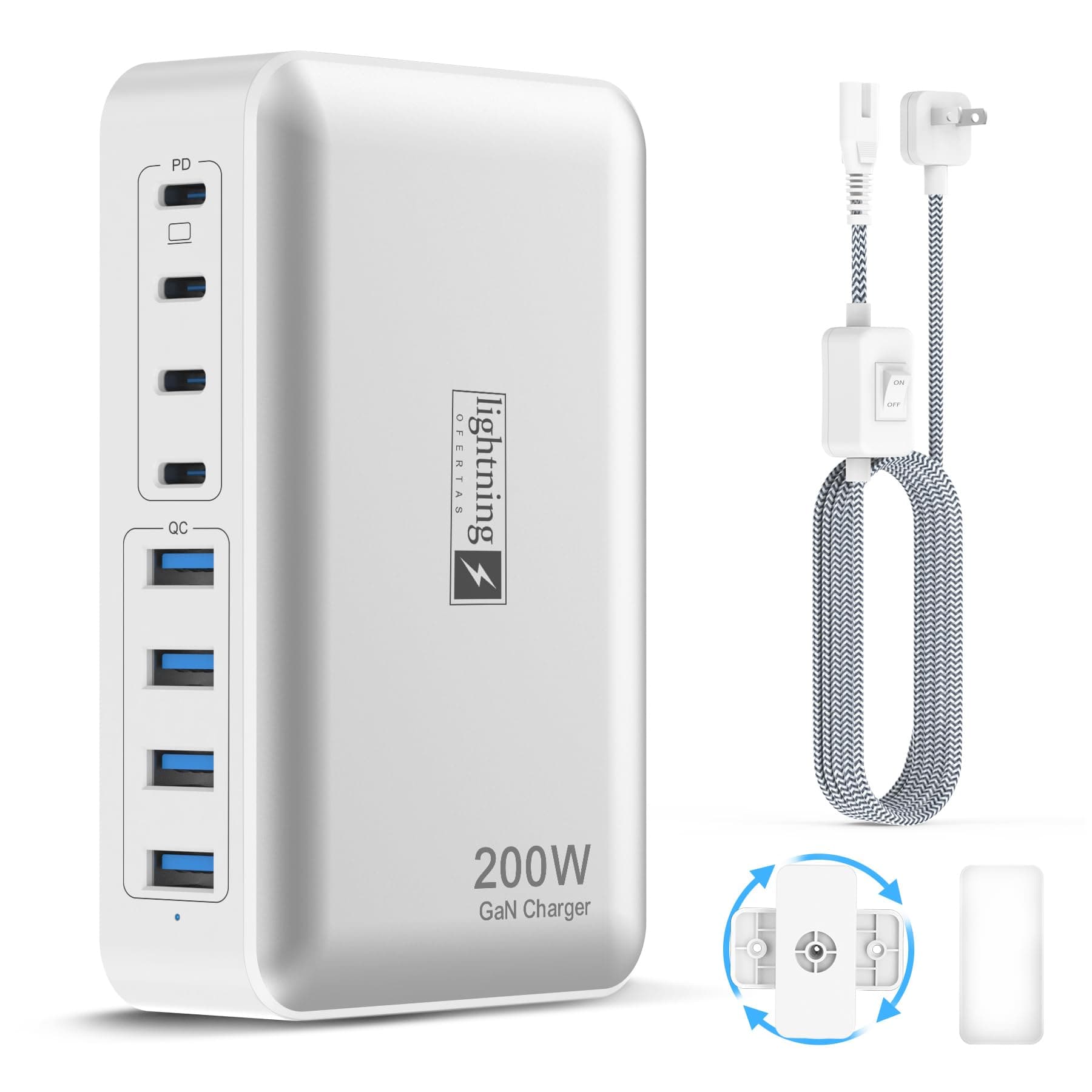 200W Charging Station for Multiple Devices 8 Port USB C Charger Fast Charging 65W GaN Type C Power Adapter for Mobile Phones Tablets Laptops Multiple