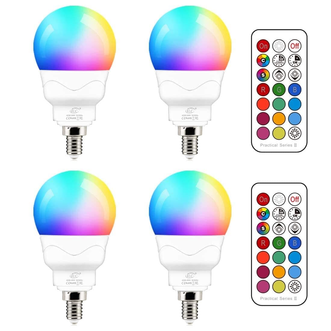 E14 LED Light Bulb, 5W, RGB Colour Changing, 40W Equivalent Incandescent, 2700K Warm White SES Small Edison Screw Golf Ball Candle Bulbs Remote Controls (4 Packs)